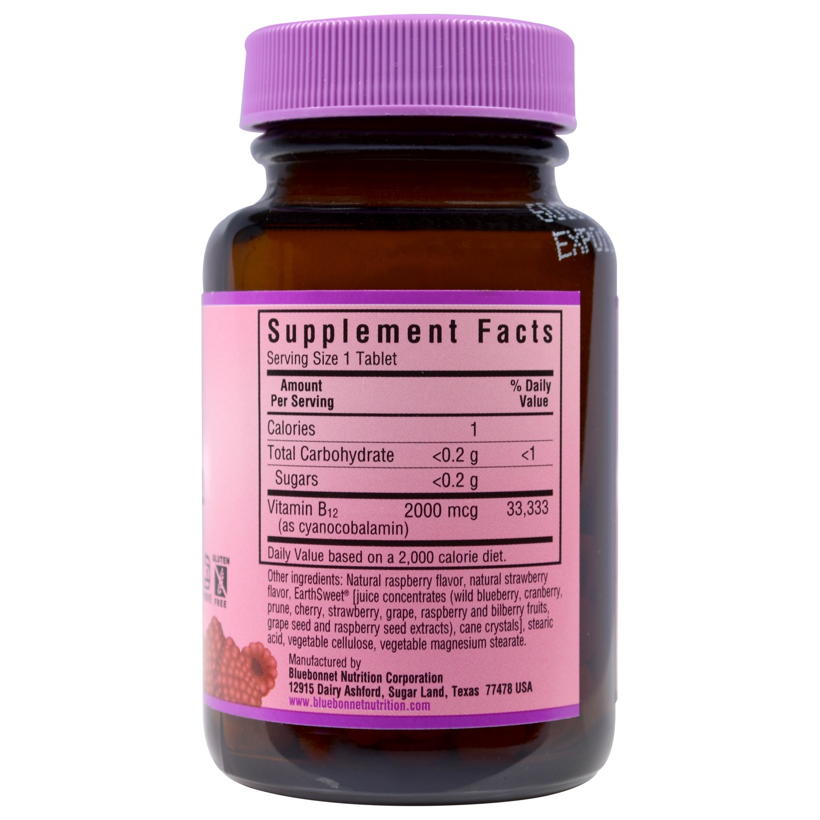 Bluebonnet Nutrition, Mastigáveis EarthSweet, Vitamina B12, Sabor Natural de Framboesa, 2.000 mcg, 90 Comprimidos Mastigáveis - Imagem 2