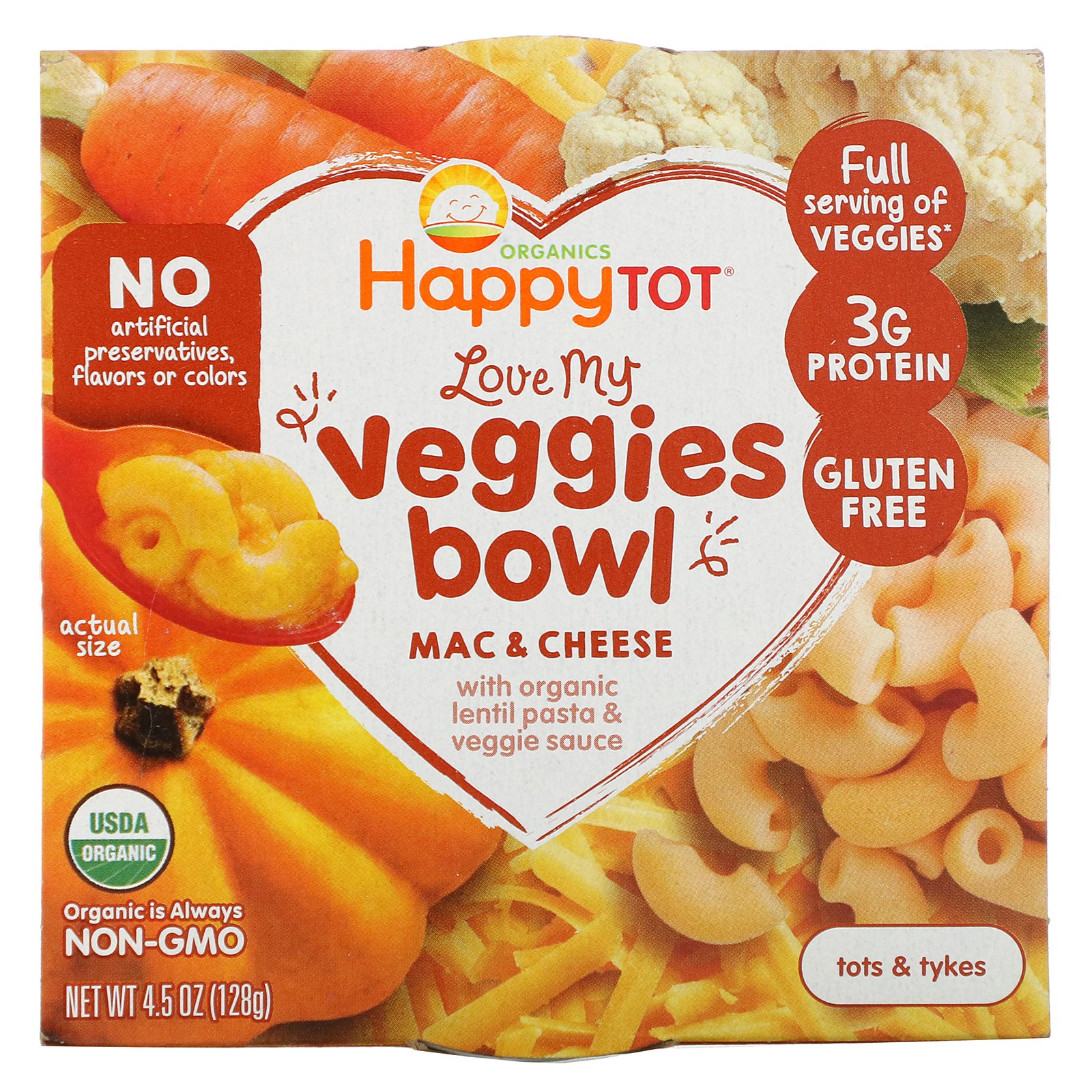 Happy Family Organics, Organics Happy Tot, Tigela de Vegetais Deliciosos, Macarrão com Queijo, 4,5 oz (128 g)