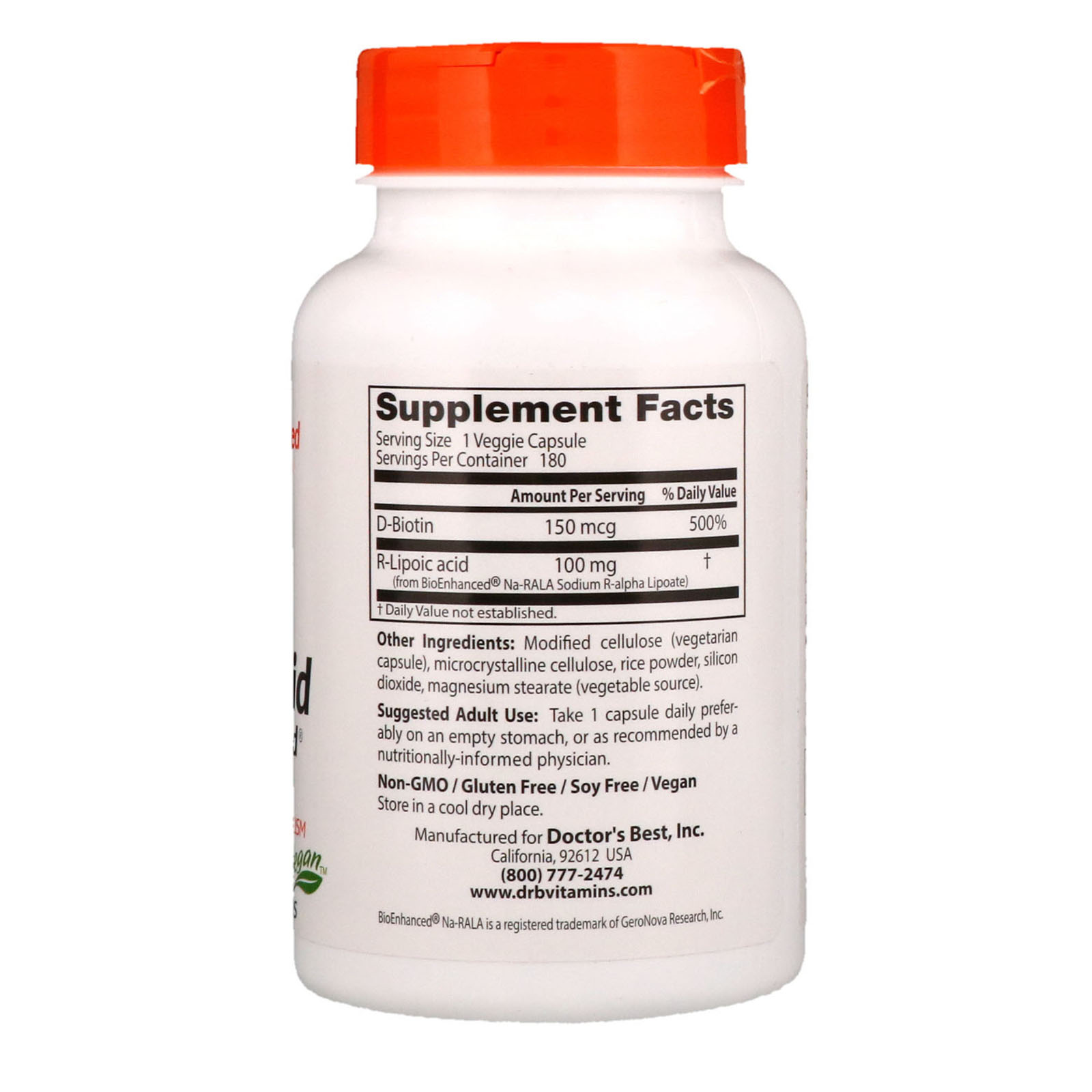 Doctor's Best, Ácido R-lipoico estabilizado com Na-RALA Bioenriquecido, 100 mg, 180 cápsulas vegetais - Imagem 2