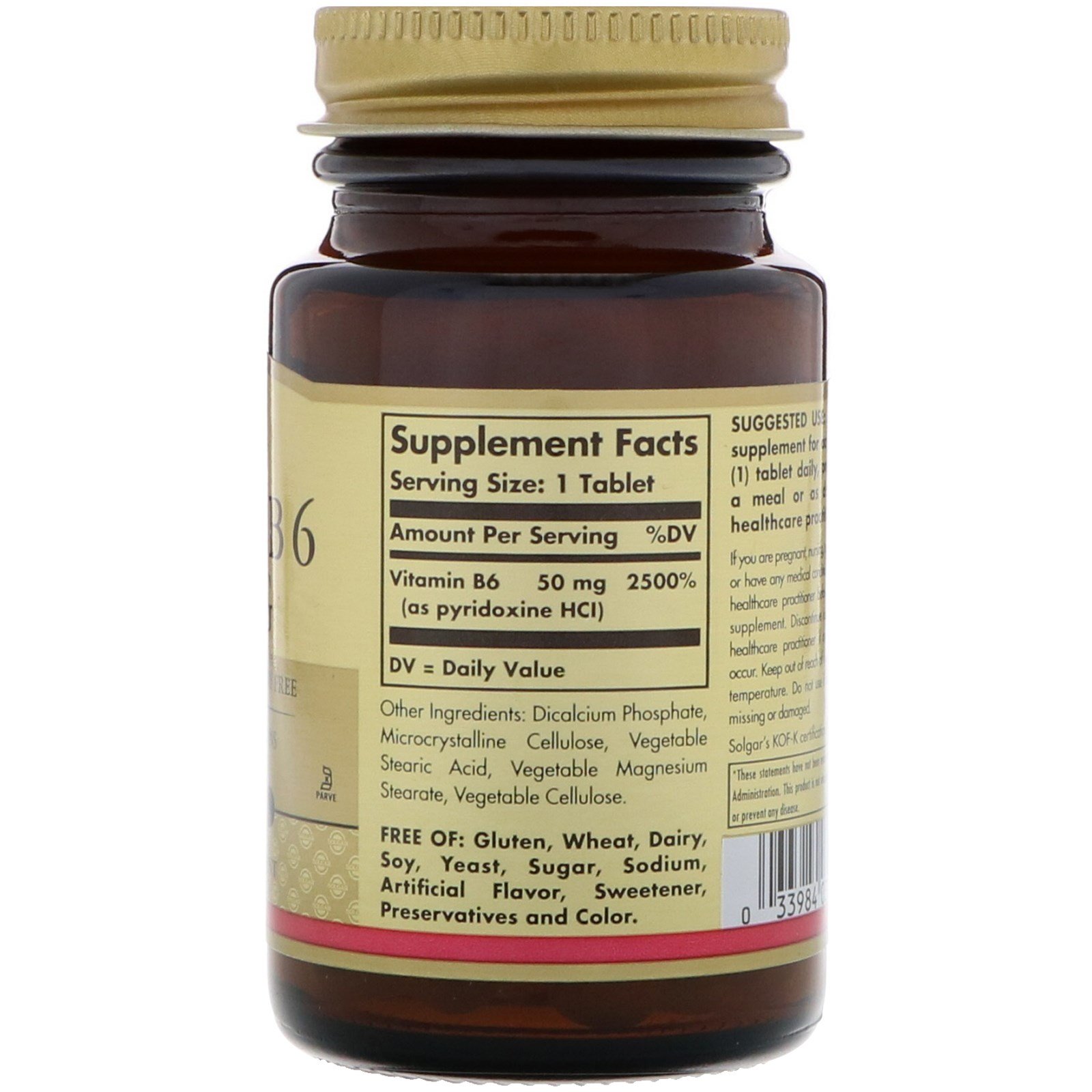 Solgar, Vitamina B6, 50 mg, 100 Comprimidos - Imagem 2