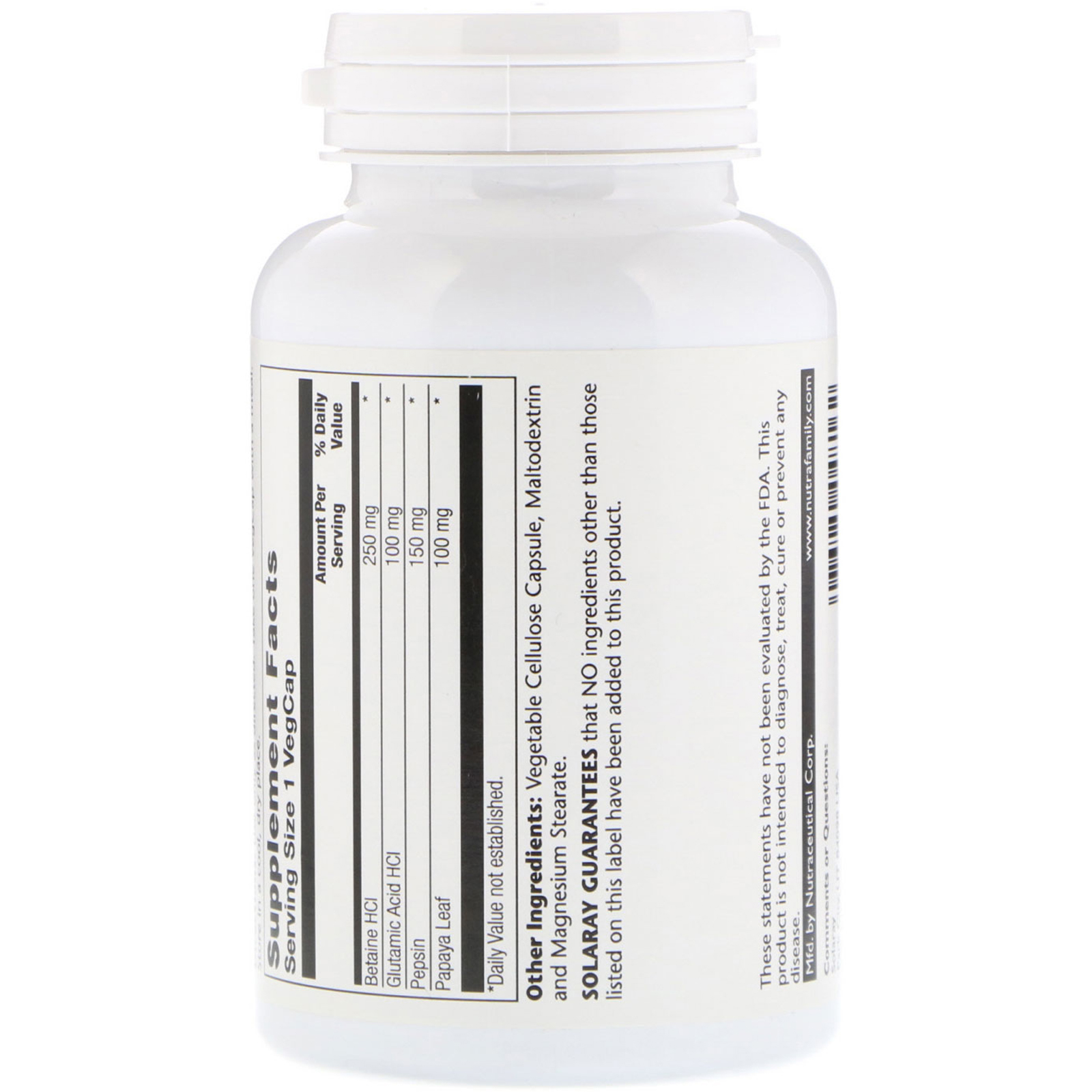 Solaray, HCL with Pepsin, 250 mg, 180 Capsules - Imagem 2