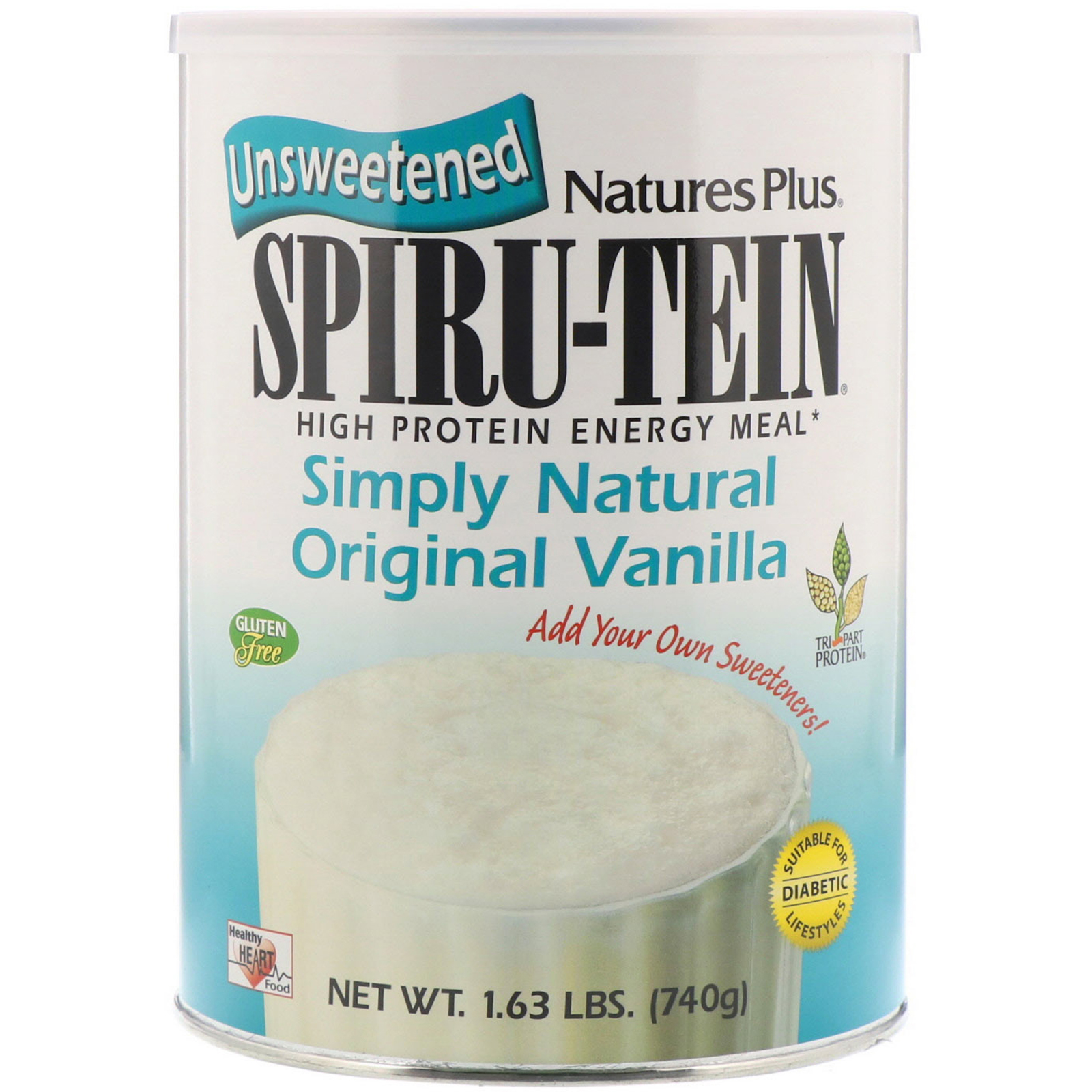 Nature's Plus, Spiru-Tein, Refeição Energética com alta teor de proteína, Baunilha simplesmente natural original, sem açúcar, 1,63 lbs (740 g)
