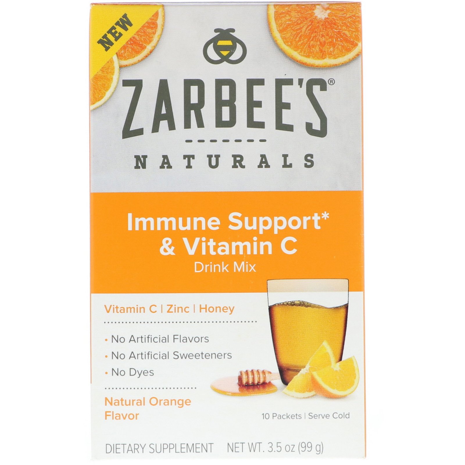 Zarbee's, Mistura para Bebida de Suporte Imunológico com Vitamina C, Sabor Natural de Laranja, 10 Sachês, 99 g (3,5 oz)