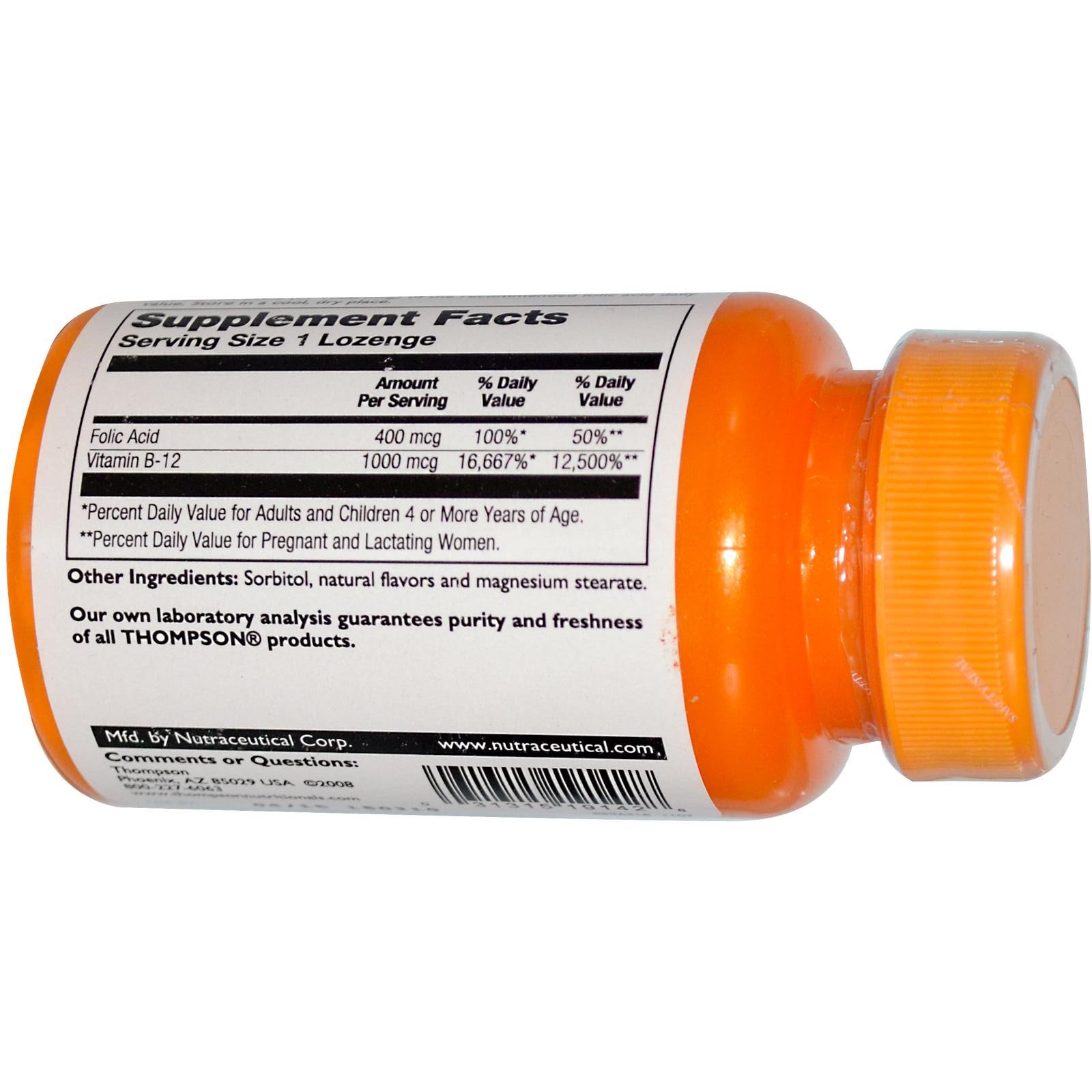Thompson, Pastilha de B12, Sabor Natural de Cereja, 1000 mcg, 30 Pastilhas - Imagem 2