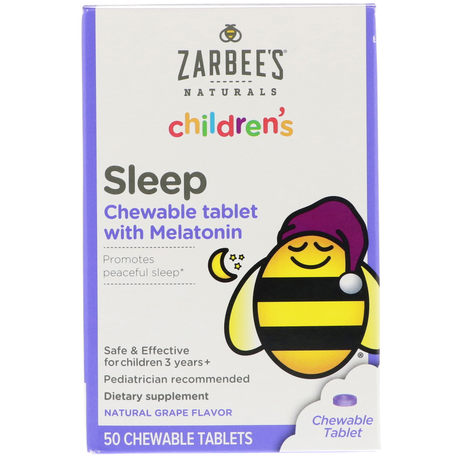 Zarbee's, Sono Infantil com Melatonina, Sabor Natural de Uva, Para Crianças a partir de 3 anos, 50 Comprimidos Mastigáveis