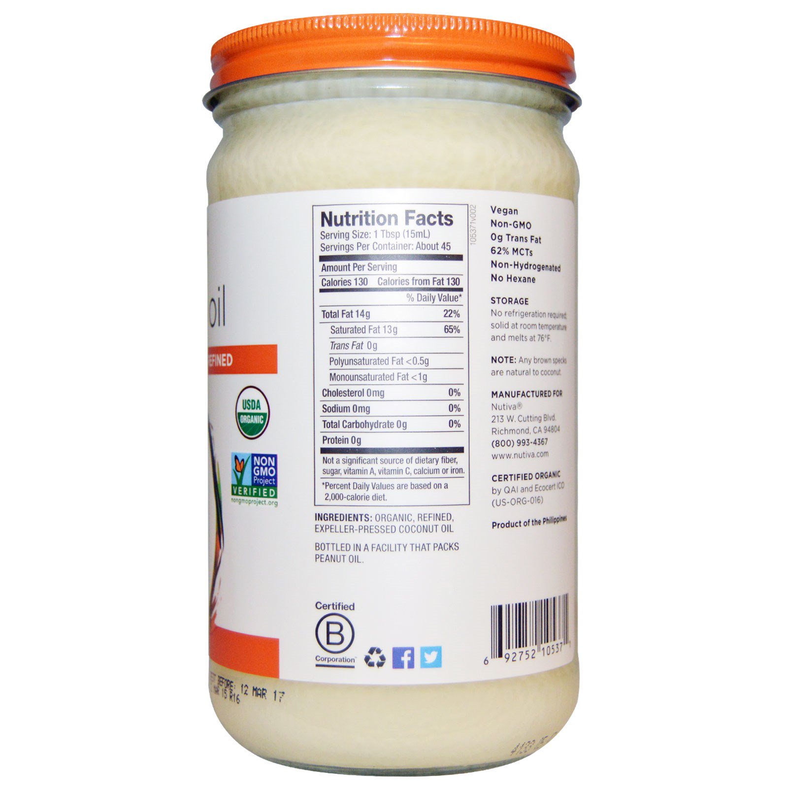 Nutiva, Óleo de Coco Orgânico, Refinado, 680 ml (23 fl oz) - Imagem 2