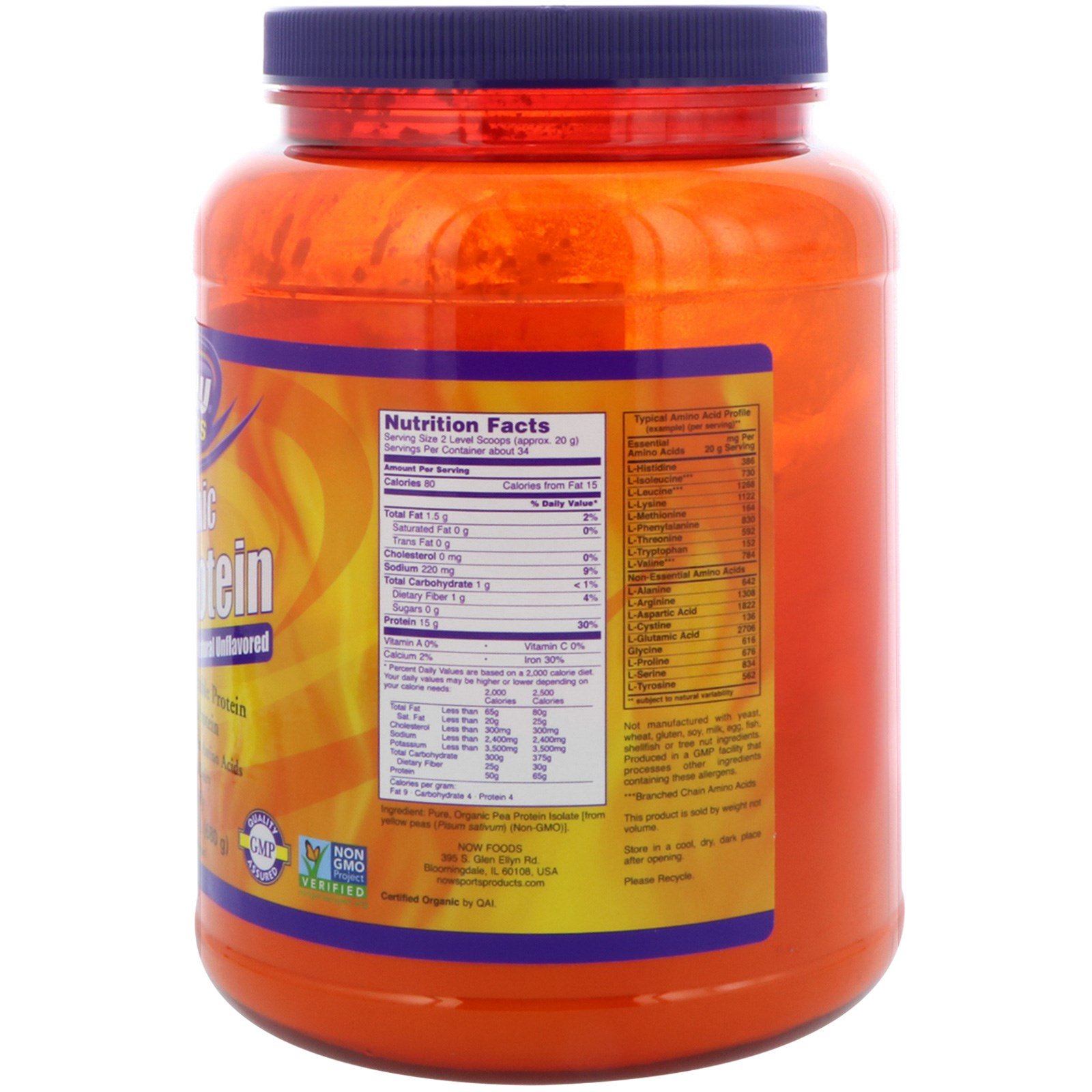 Now Foods, Esportes, Proteína de Ervilha Orgânica, Sem Sabor Natural, 680 g (1,5 lb) - Imagem 2
