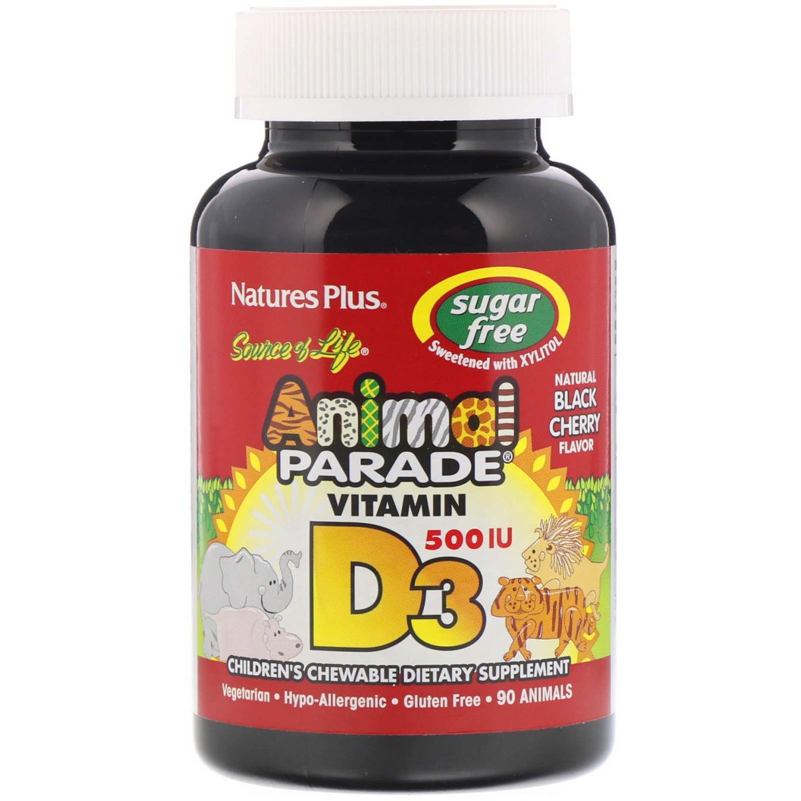 Nature's Plus, Source of Life, Animal Parade, Vitamina D3, Sem Açúcar, Sabor Natural de Cereja Preta, 500 UI, 90 Comprimidos em Forma de Animal
