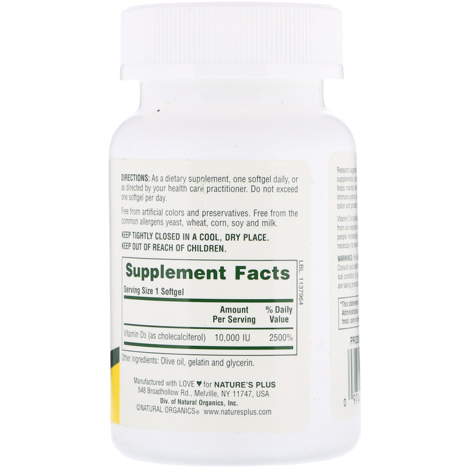 Nature's Plus, Potência Máxima, Vit D3, 10.000 IU, 60 Softgéis - Imagem 2