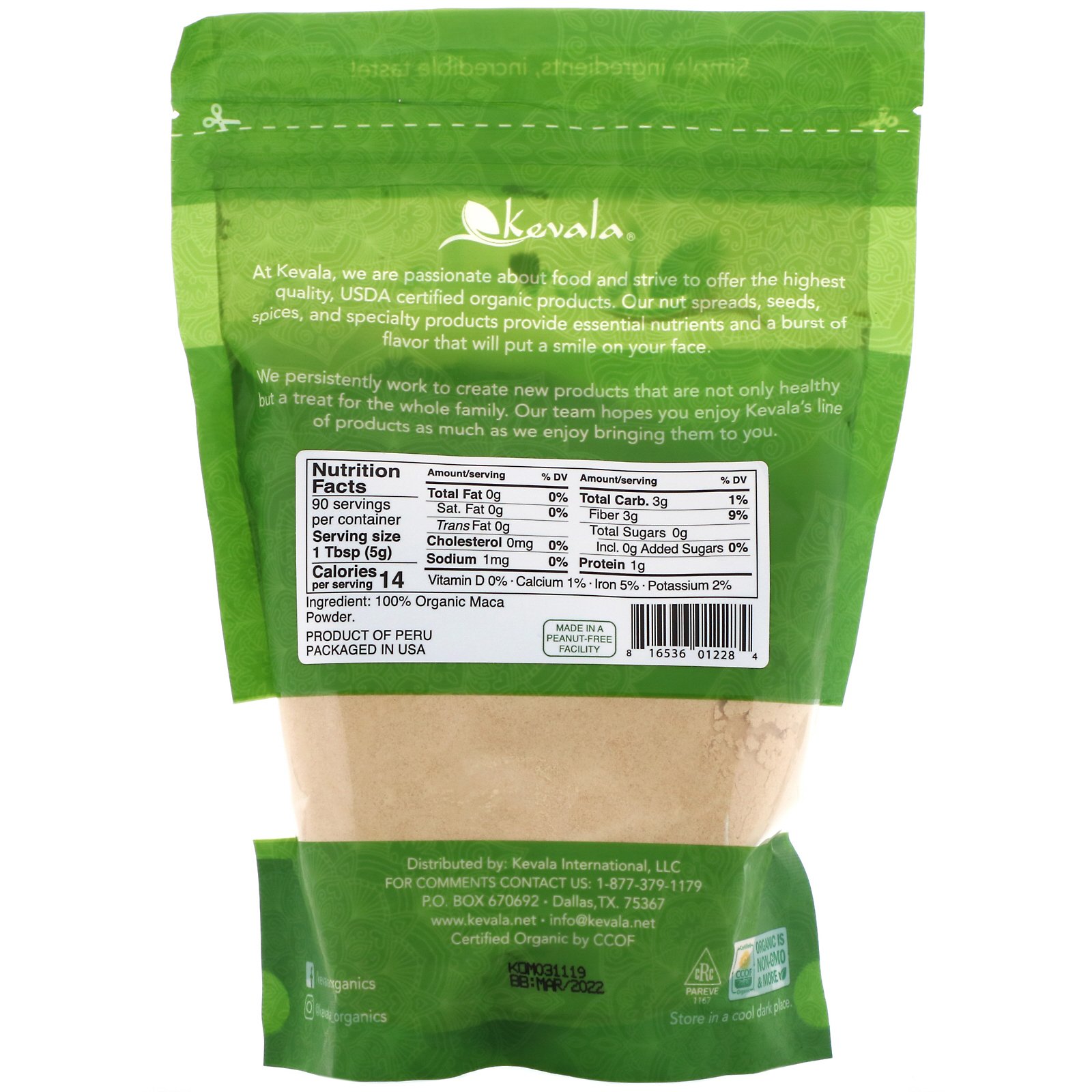 Kevala, Organic Raw Maca Powder, 16 oz (454 g) - Imagem 2