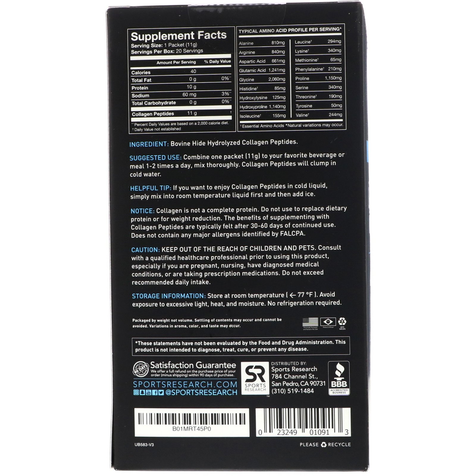 Sports Research, Peptídeos de colágeno, sem sabor, 20 pacotes, (11 g) cada - Imagem 2