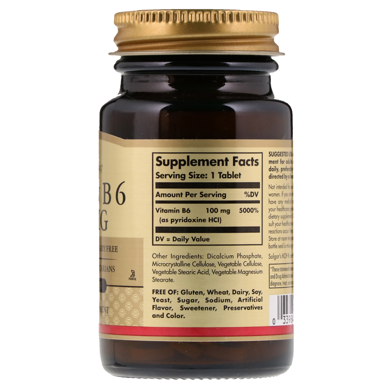 Solgar, Vitamina B6, 100 mg, 100 Comprimidos - Imagem 2