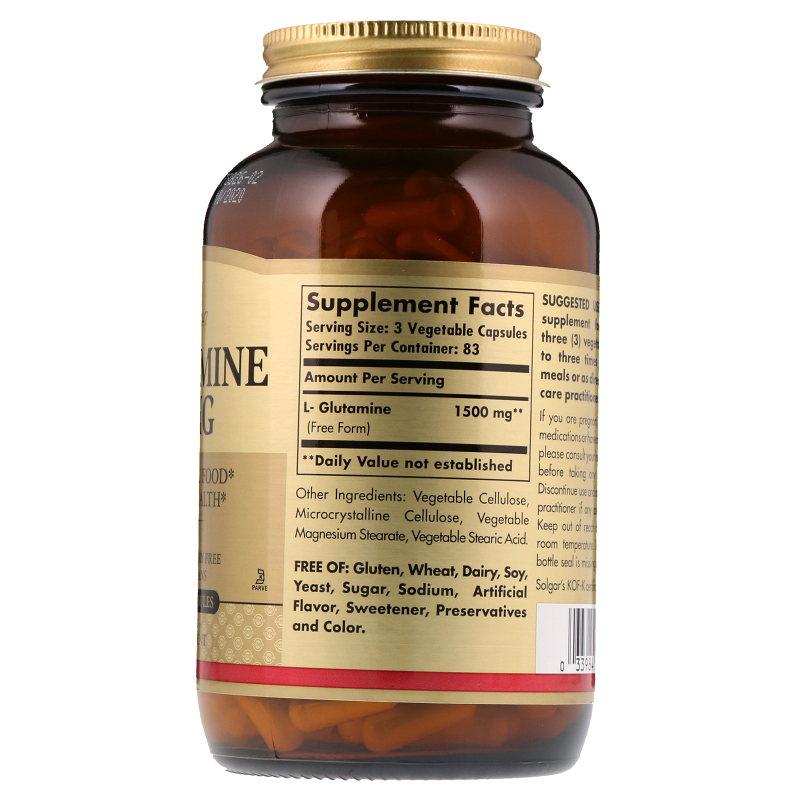 Solgar, L-Glutamina, 500 mg, 250 Cápsulas Vegetais - Imagem 2