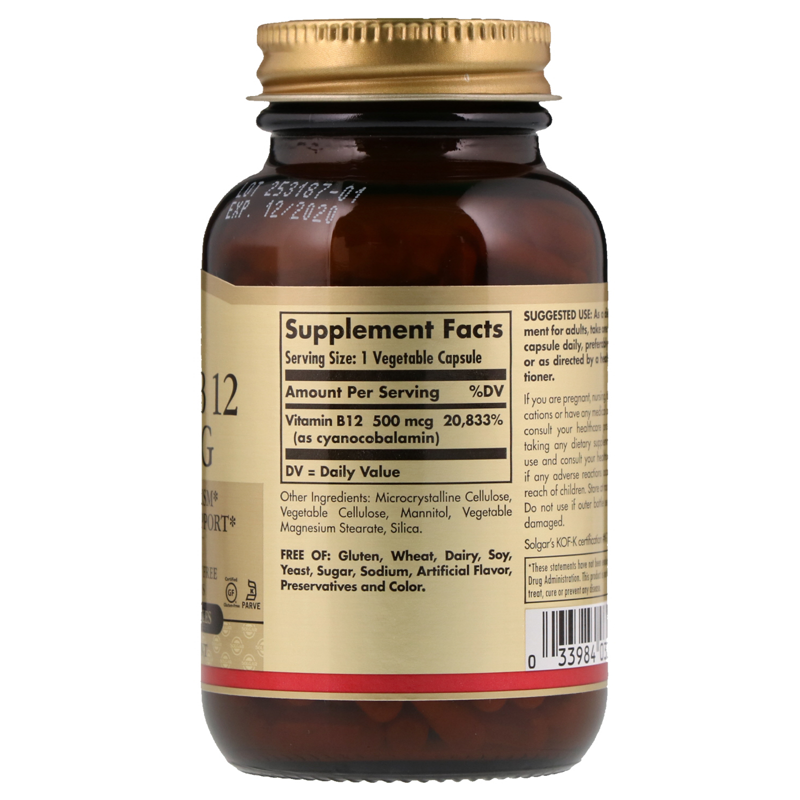 Solgar, Vitamin B12, 500 mcg, 250 Vegetable Capsules - Imagem 2