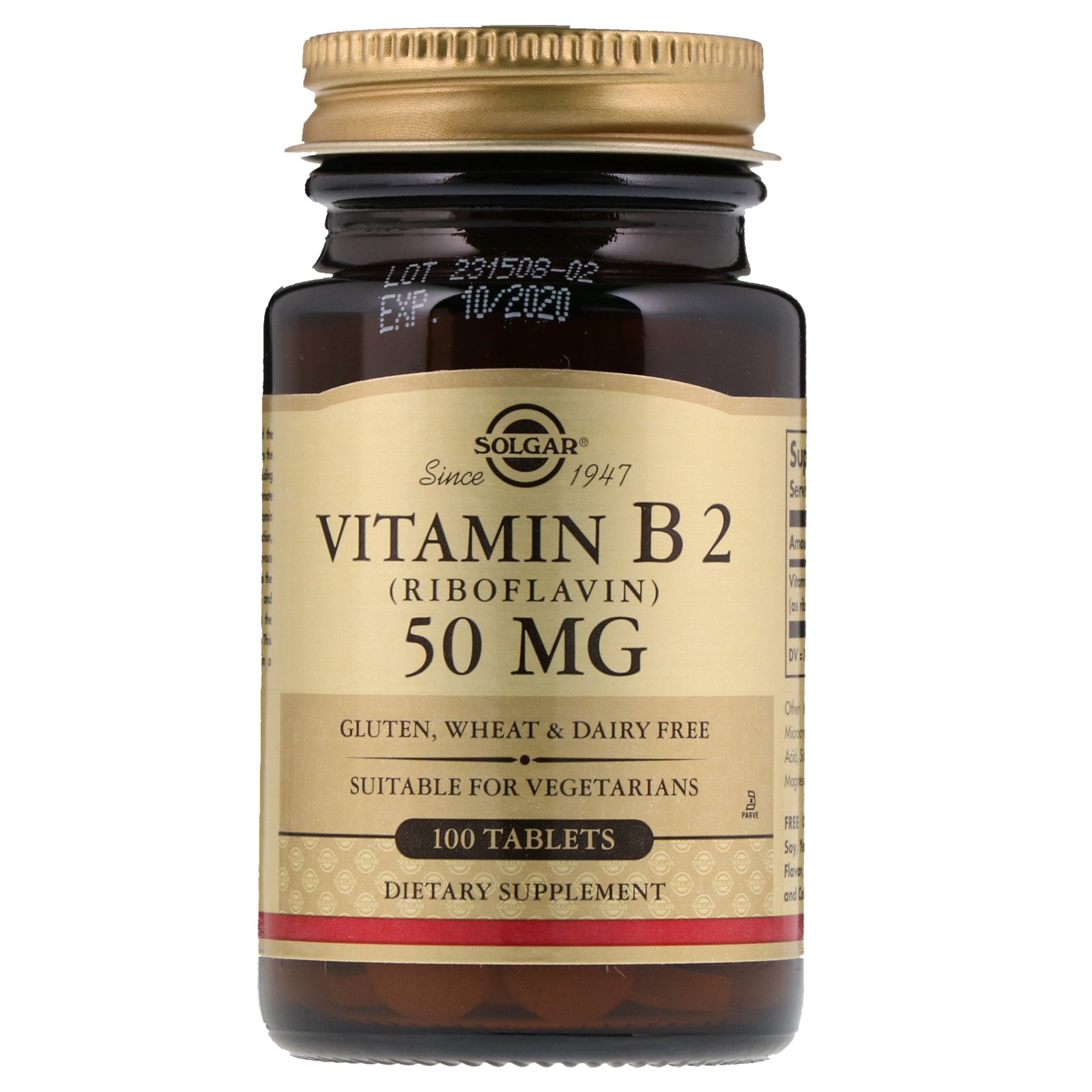 Solgar, Vitamina B2 (Riboflavina), 50 mg, 100 Comprimidos