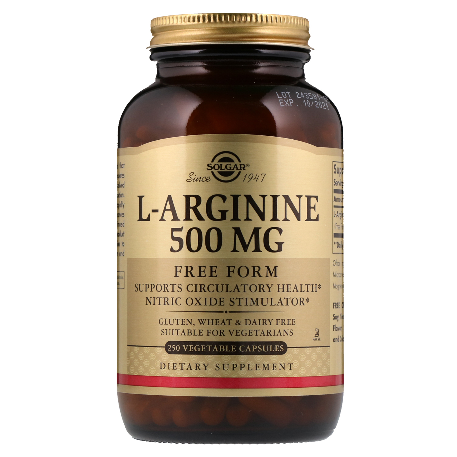 Solgar, L-Arginina, 500 mg, 250 Cápsulas Vegetais
