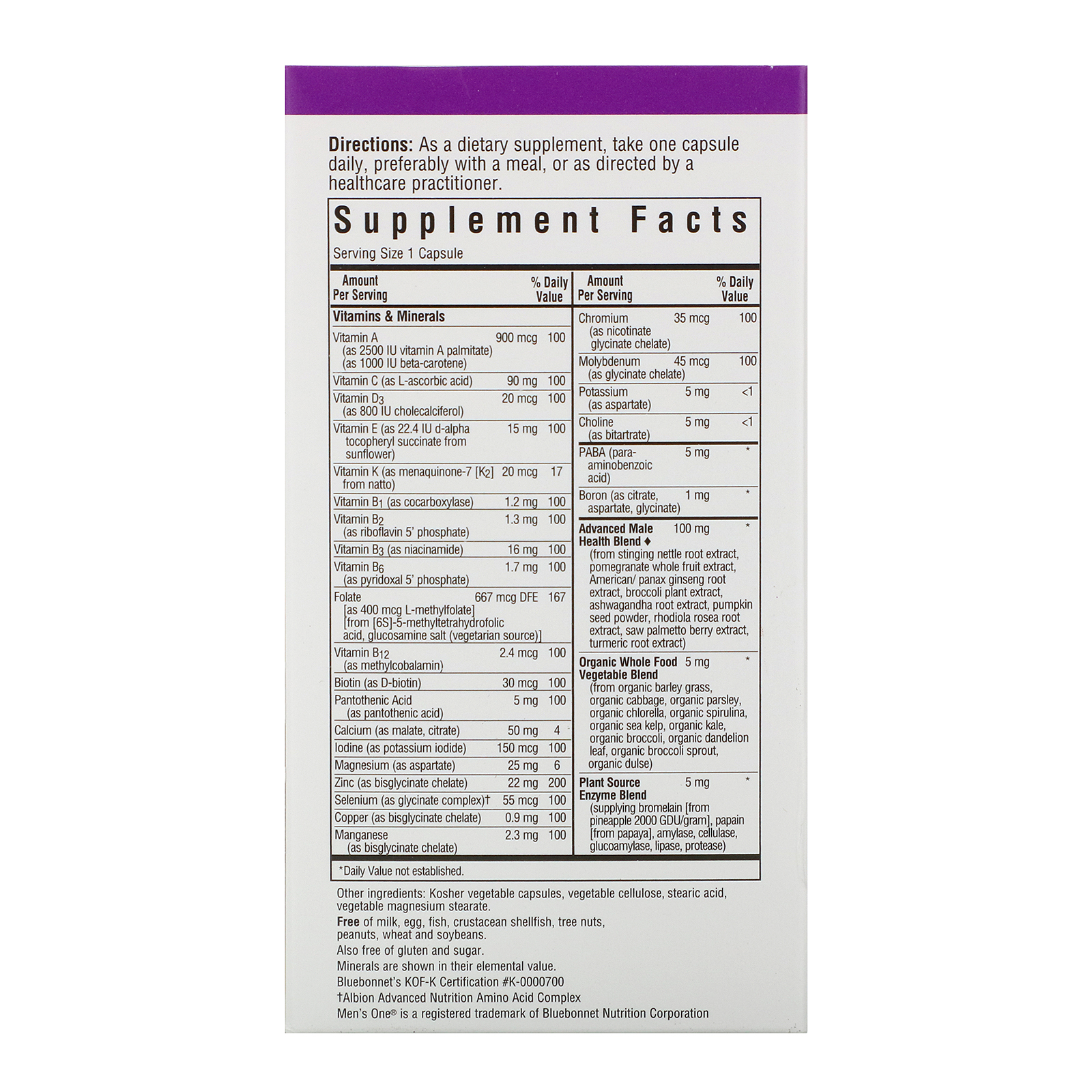Bluebonnet Nutrition, Men's ONE, Whole Food-Based Multiple, 60 Vegetable Capsules - Imagem 2