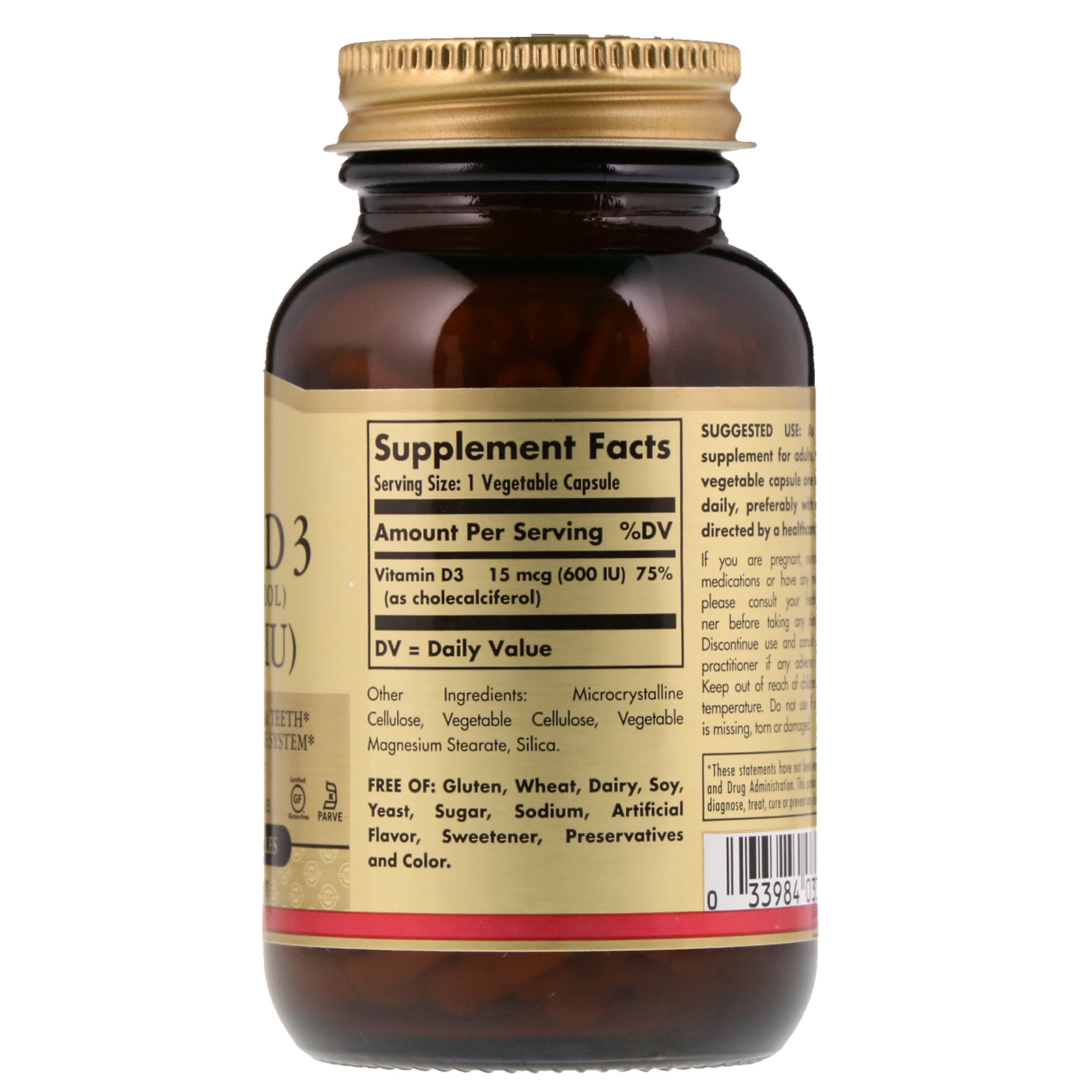 Solgar, Vitamin D3 (Cholecalciferol), 15 mcg (600 IU), 120 Vegetable Capsules - Imagem 2