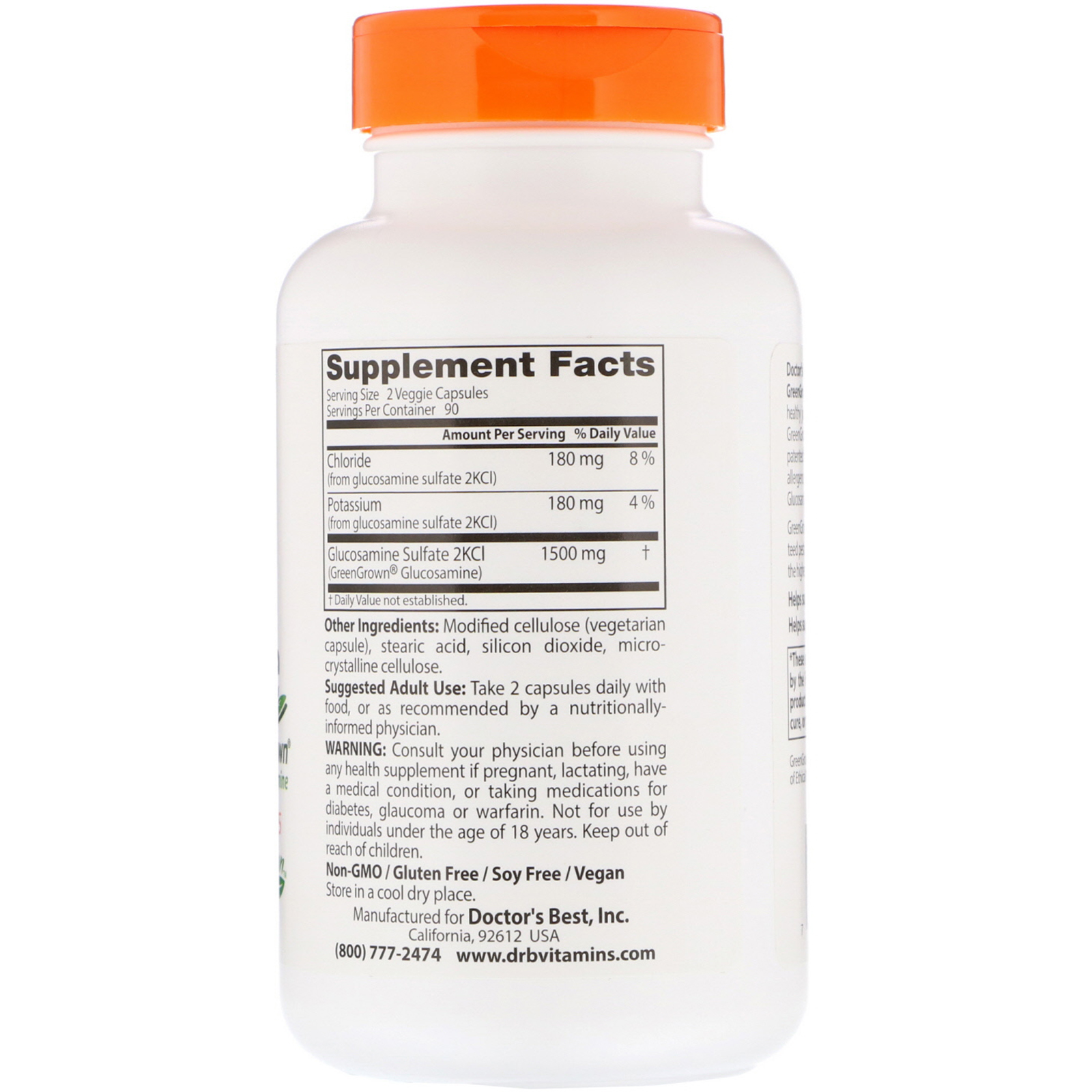 Doctor's Best, Sulfato de Glucosamina Vegano com Glucosamina GreenGrown, 750 mg, 180 Cápsulas Vegetarianas - Imagem 2