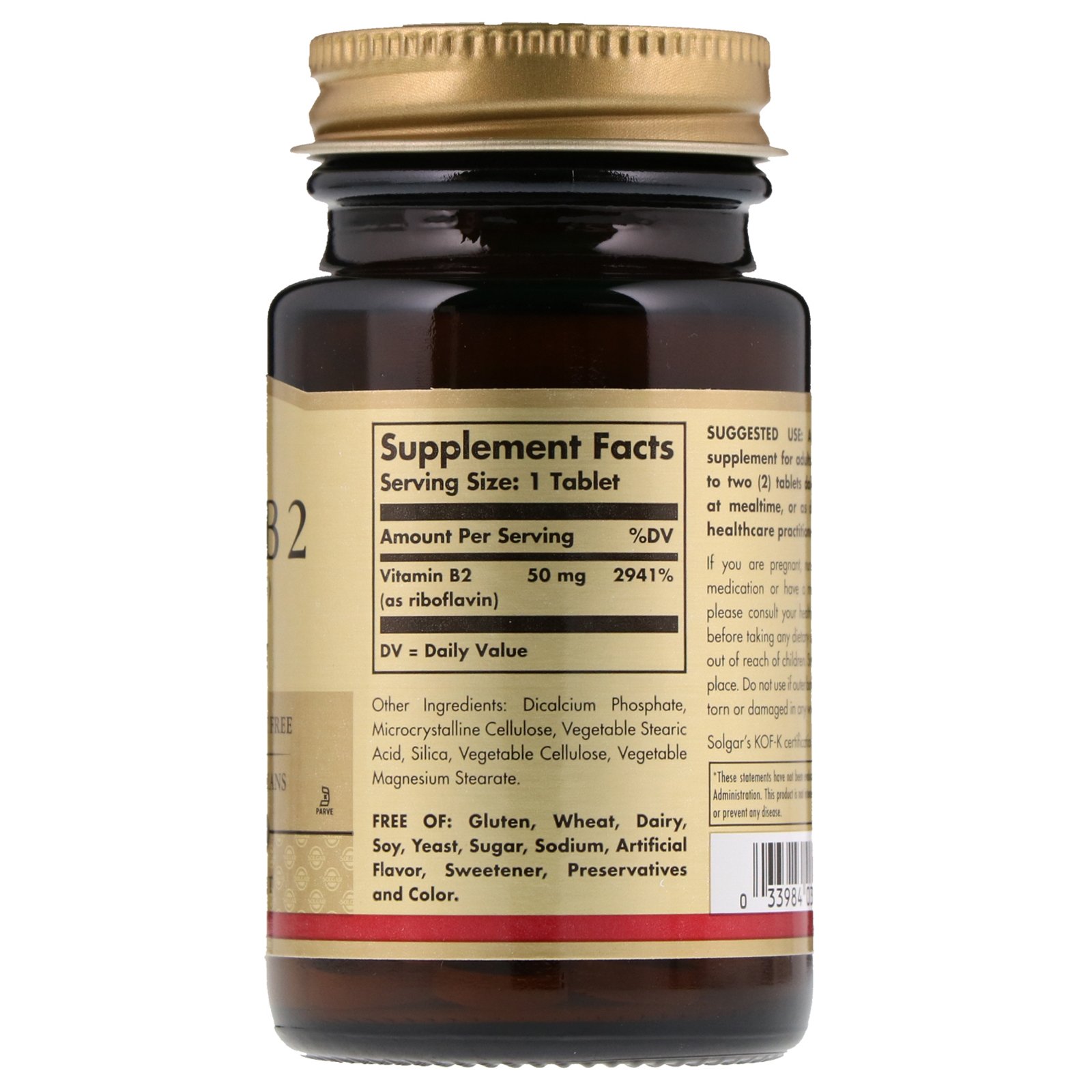 Solgar, Vitamina B2 (Riboflavina), 50 mg, 100 Comprimidos - Imagem 2