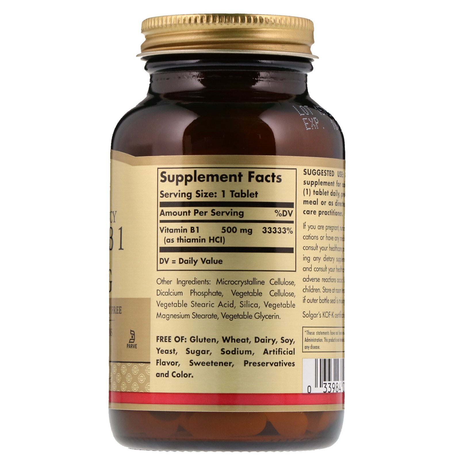 Solgar, Vitamina B1 (Tiamina), 500 mg, 100 Comprimidos - Imagem 2
