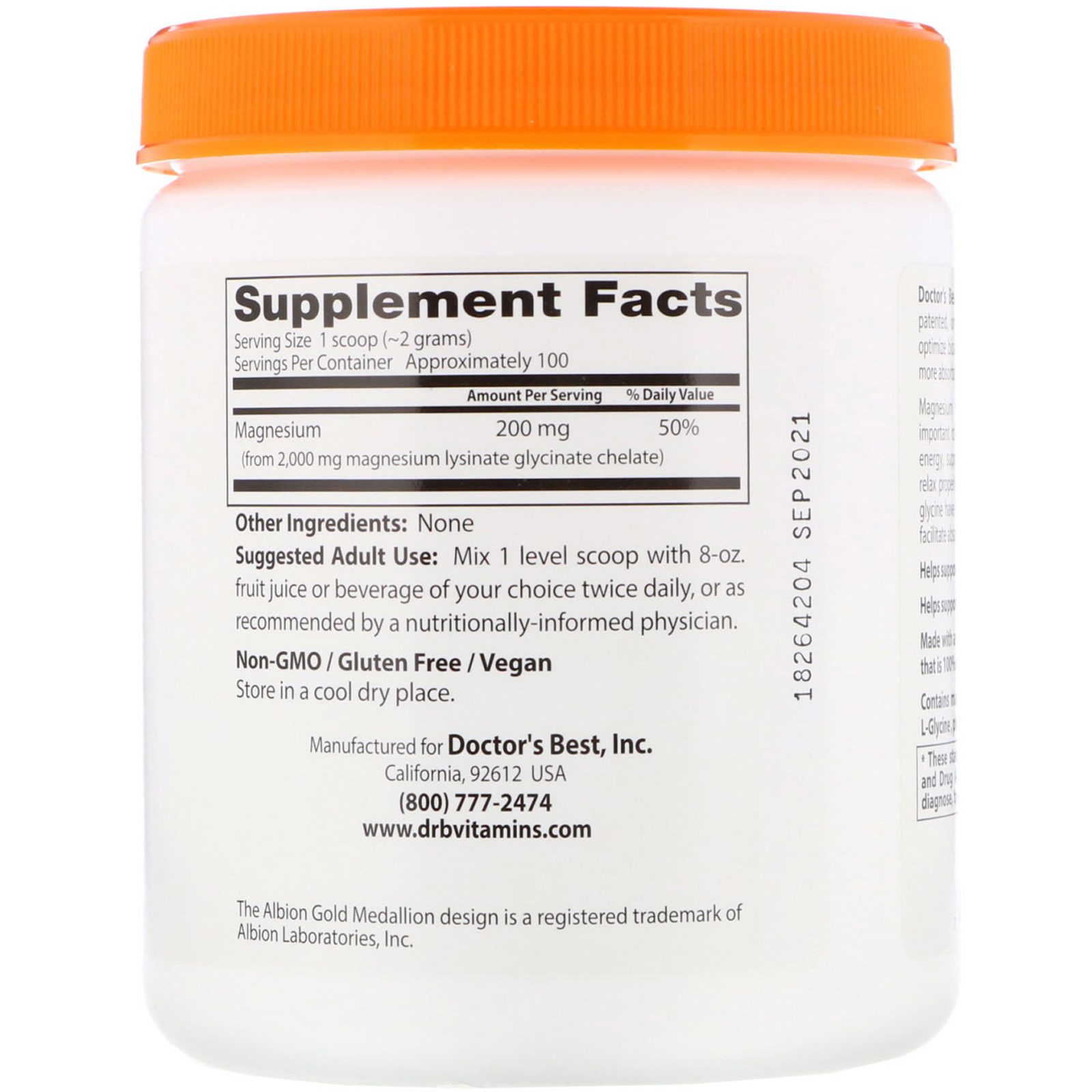 Doctor's Best, Magnésio de Alta Absorção em Pó 100% Quelado com Minerais Albion, 200 g (7,1 oz) - Imagem 2