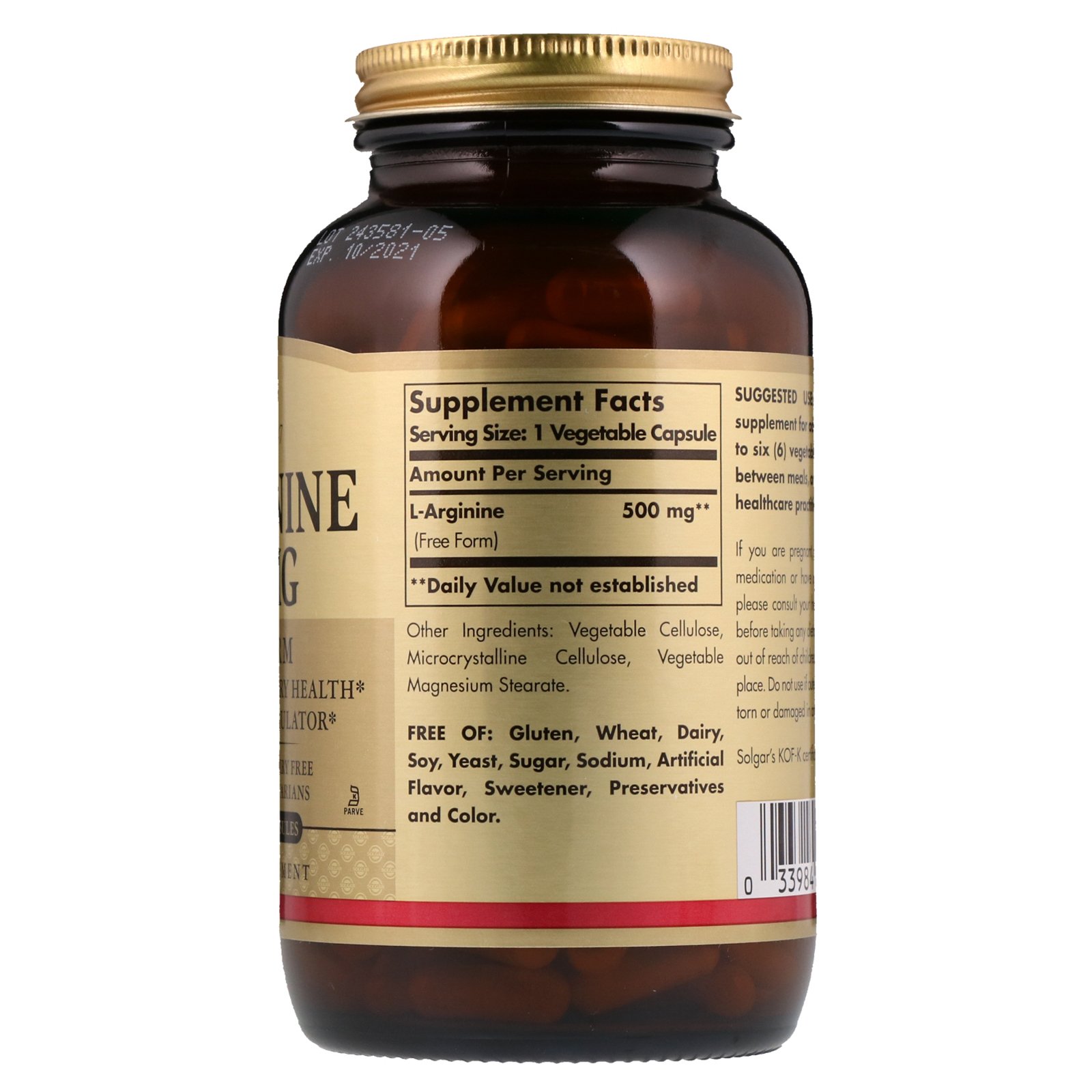 Solgar, L-Arginina, 500 mg, 250 Cápsulas Vegetais - Imagem 2