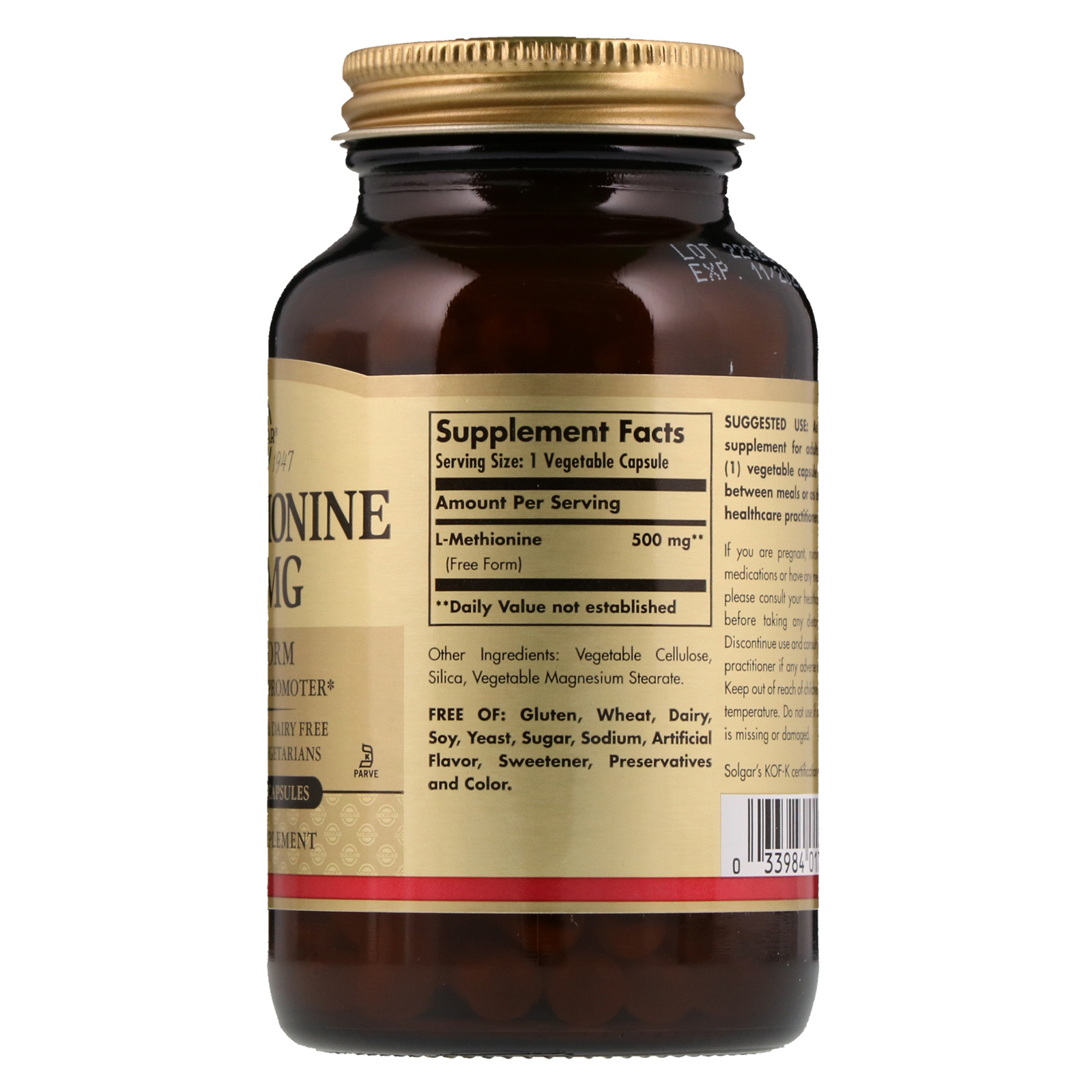 Solgar, L-metionina, 500 mg, 90 Cápsulas Vegetais - Imagem 2