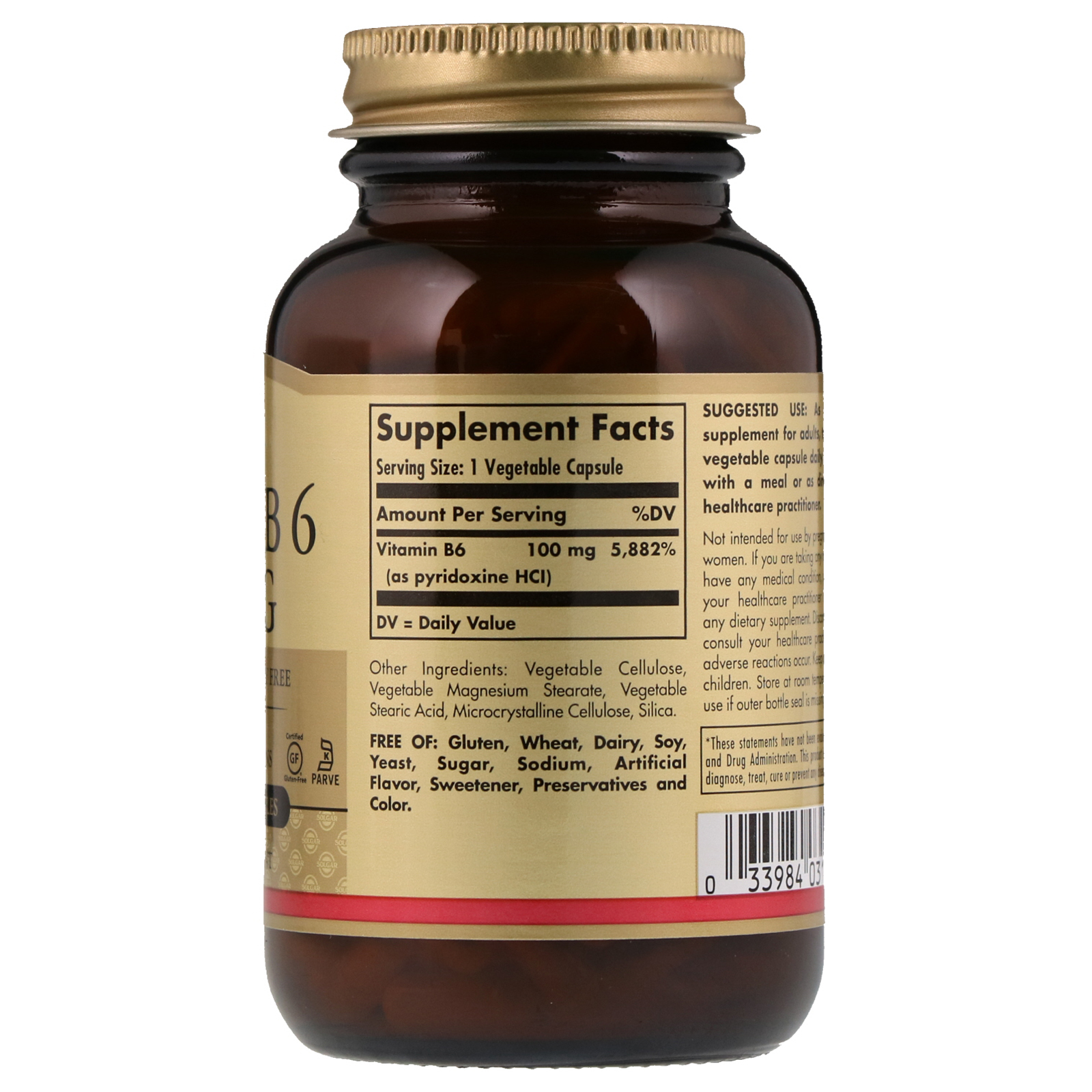 Solgar, Vitamin B6, 100 mg, 250 Vegetable Capsules - Imagem 2