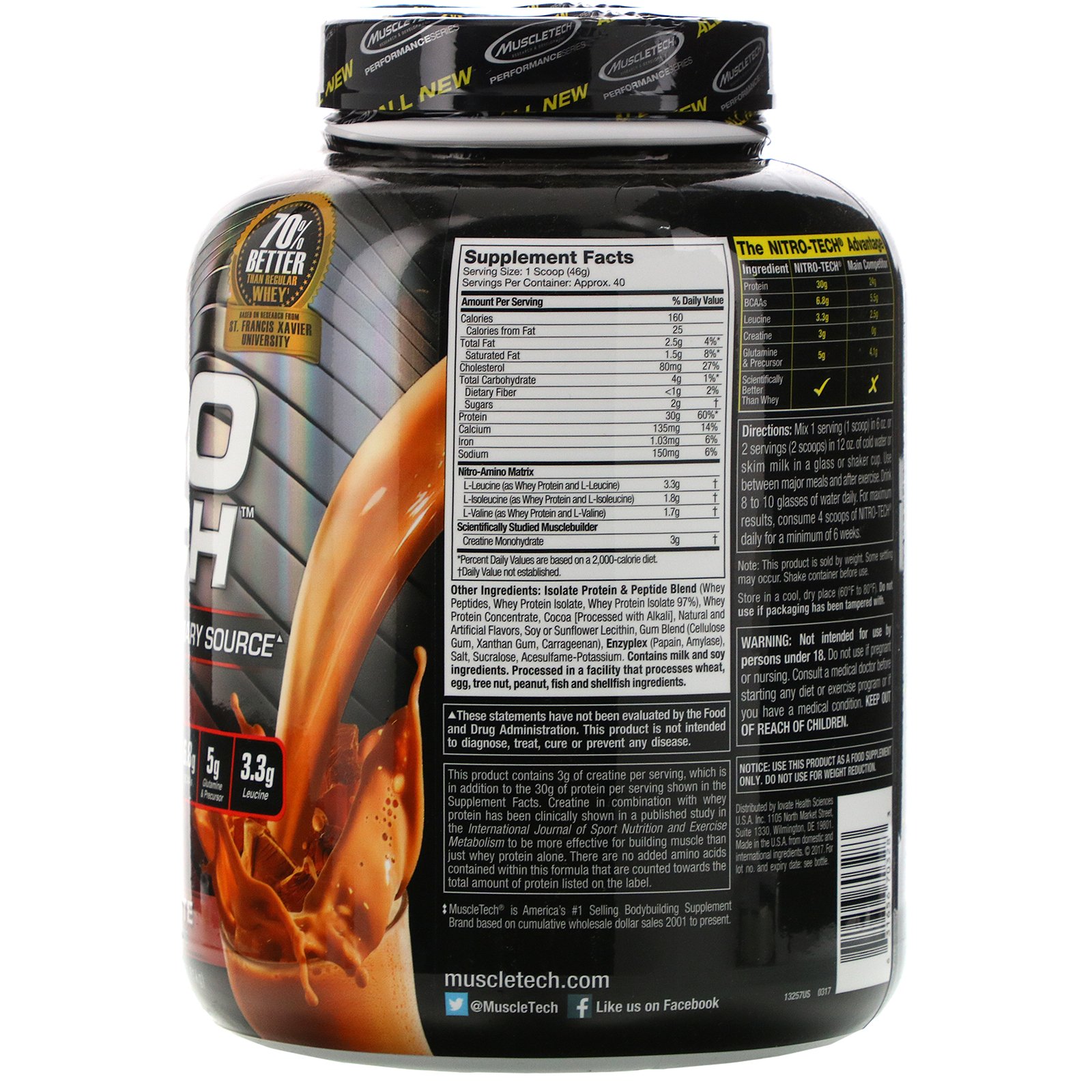 Muscletech, NitroTech, Fonte Principal de Peptídeos de Soro de Leite e Isolados, Chocolate ao Leite, 4,00 lbs (1,81 kg) - Imagem 2