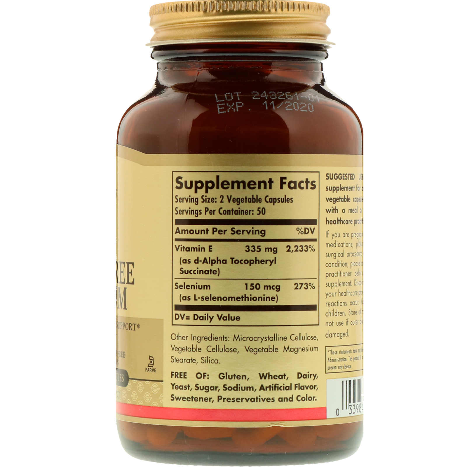 Solgar, Vitamina E Seca com Selênio Sem Levedura, 100 Cápsulas Vegetais - Imagem 2