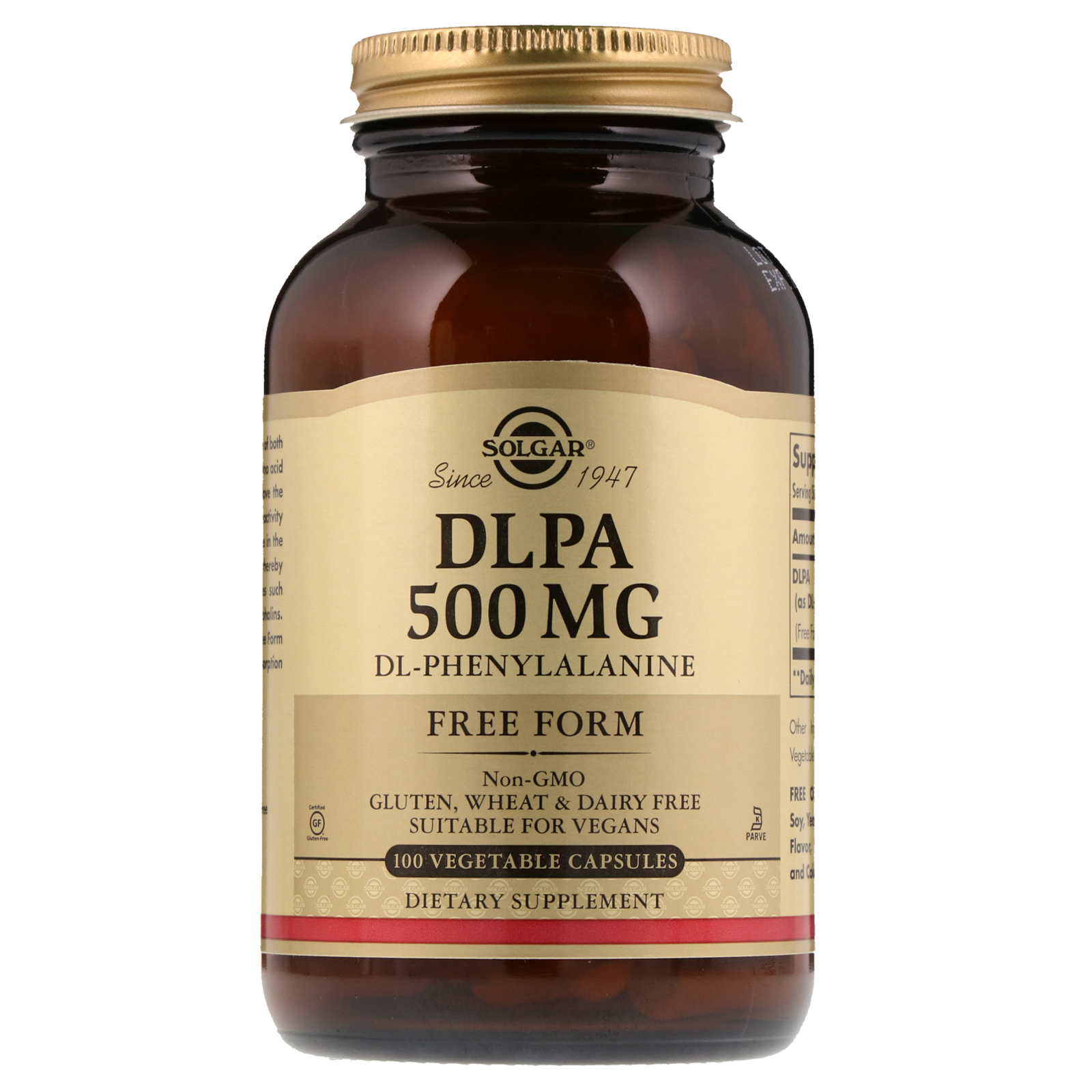 Solgar, DLPA, Forma Livre, 500 mg, 100 Cápsulas Vegetais