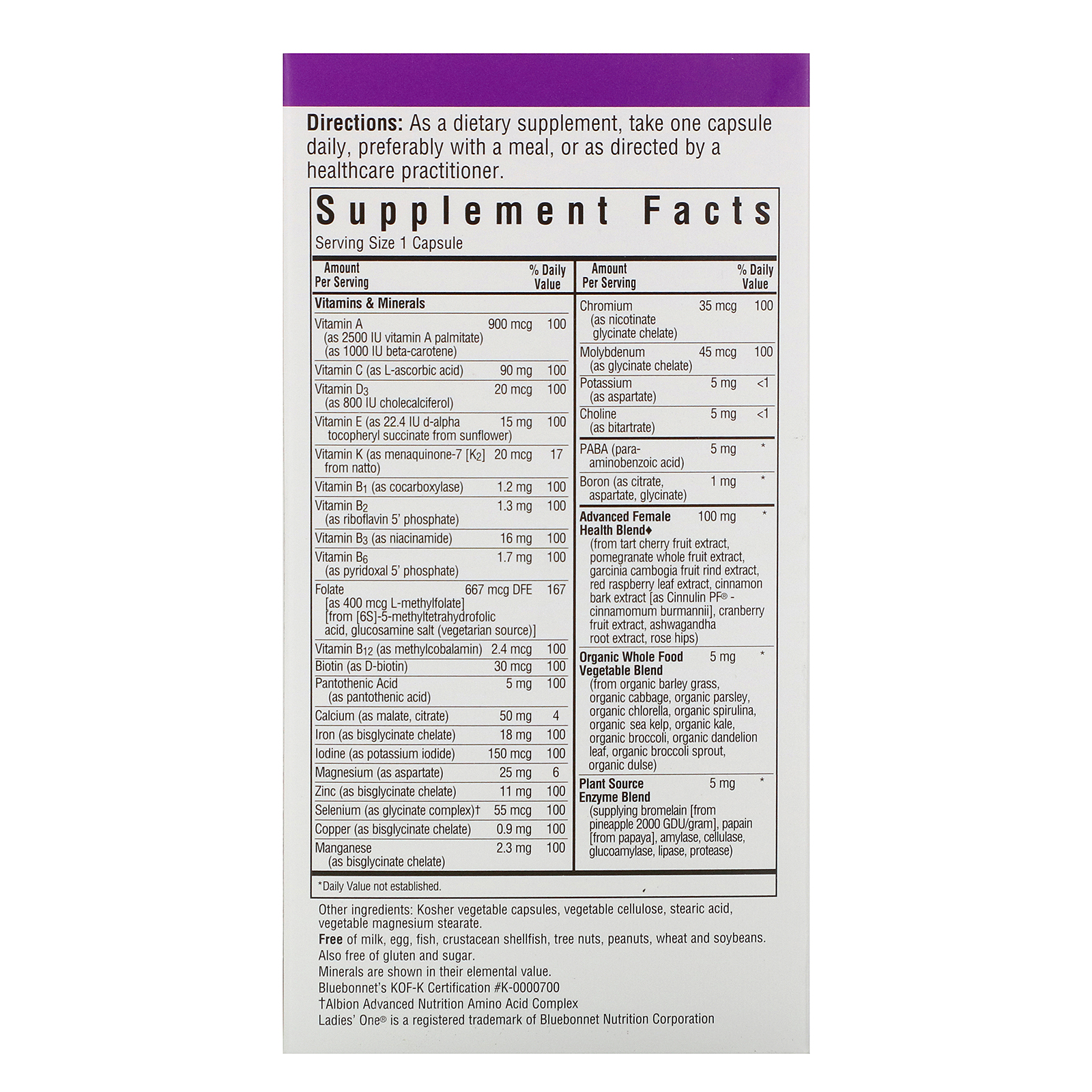 Bluebonnet Nutrition, Ladies' ONE, Whole Food-Based Multiple, 90 Vegetable Capsules - Imagem 2