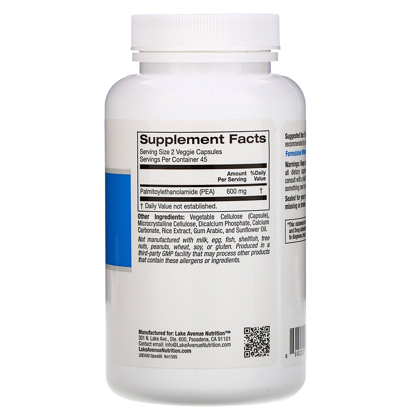 Lake Avenue Nutrition, PEA (Palmitoiletanolamida), 600 mg, 90 Cápsulas Vegetais - Imagem 2