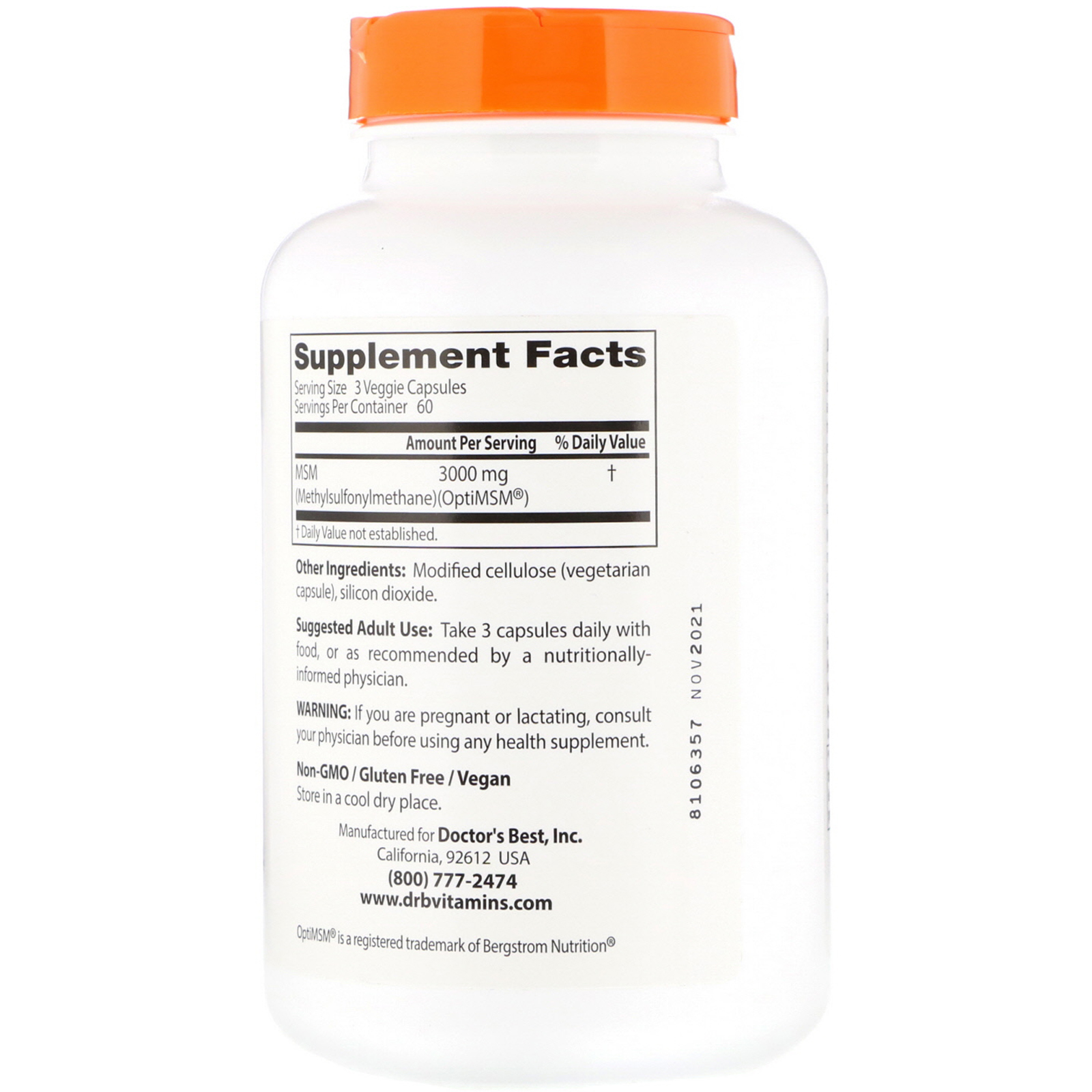 Doctor's Best, MSM com OptiMSM, 1.000 mg, 180 Cápsulas Vegetais - Imagem 2