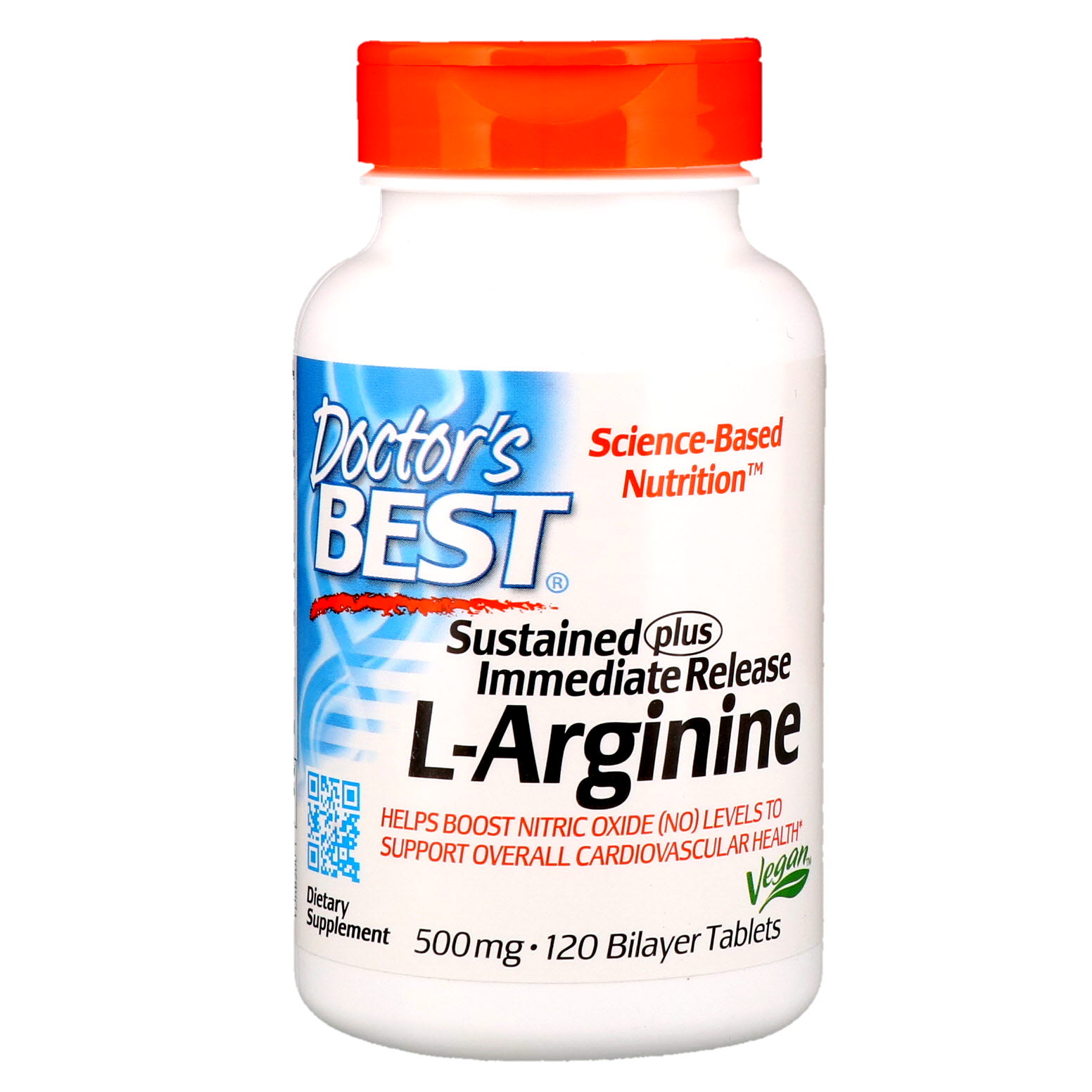 Doctor's Best, L-Arginina de Liberação Prolongada e Imediata, 500 mg, 120 Comprimidos de Camada Dupla