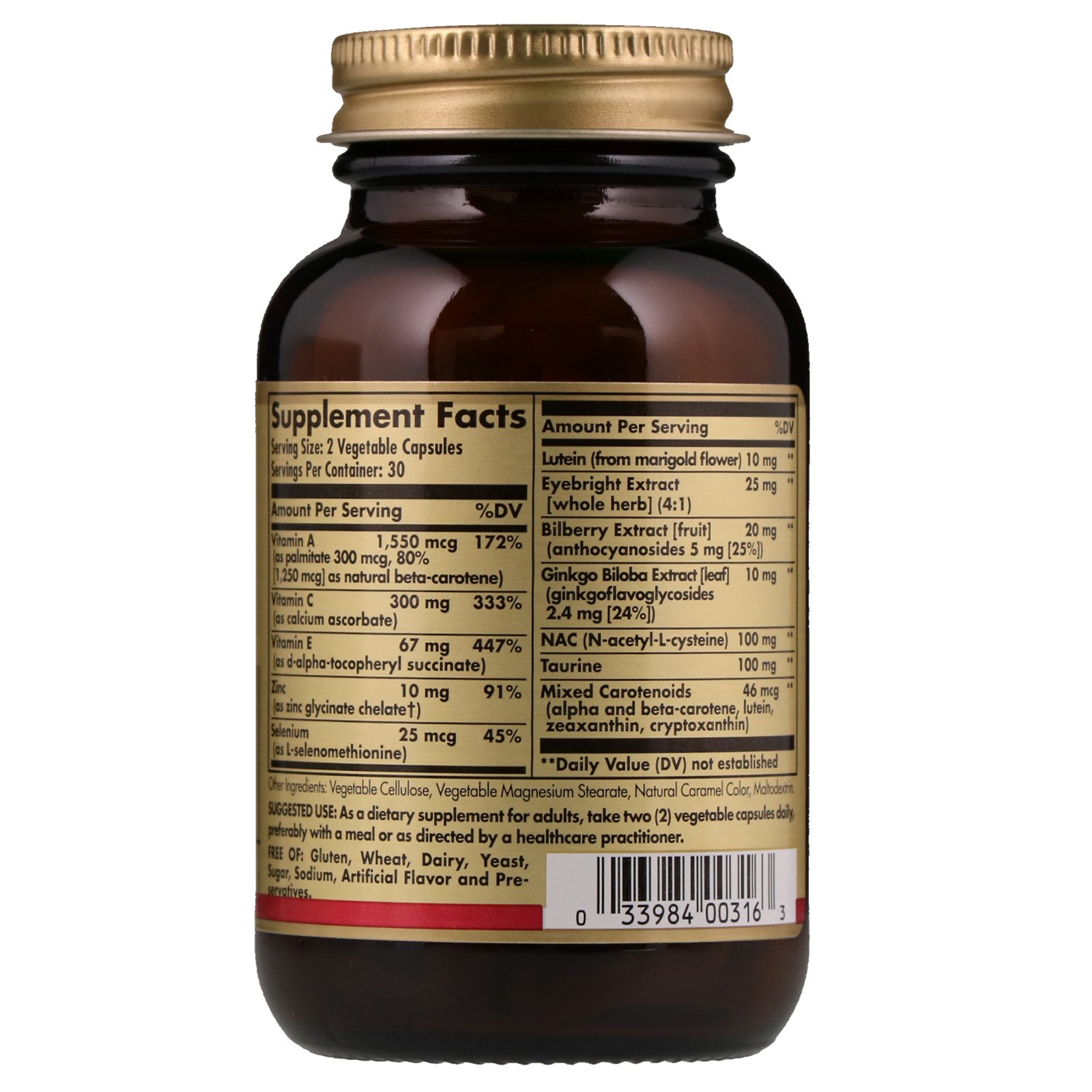 Solgar, Bilberry Ginkgo Eyebright Complex Plus Lutein, 60 Cápsulas Vegetais - Imagem 2