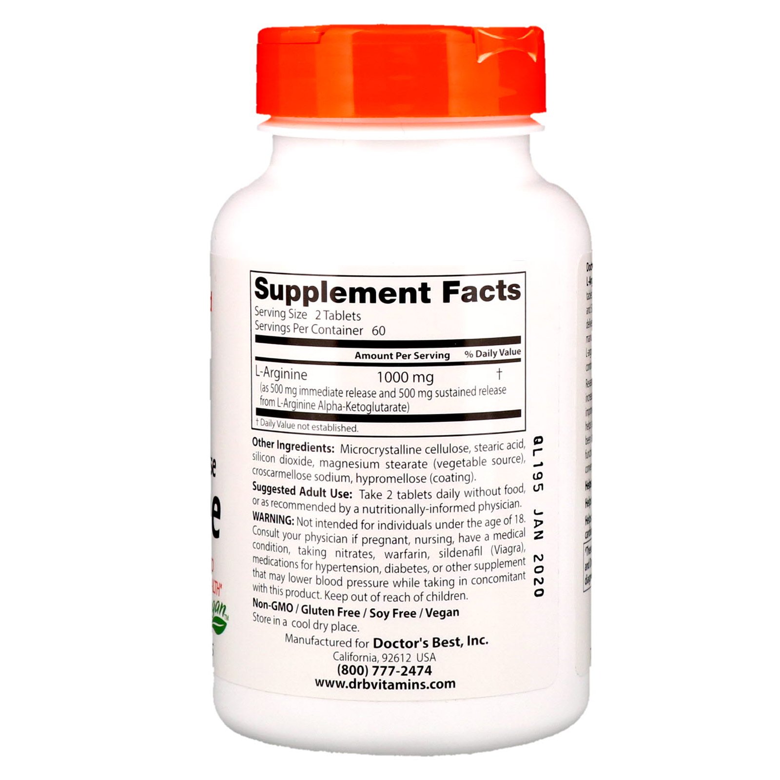 Doctor's Best, L-Arginina de Liberação Prolongada e Imediata, 500 mg, 120 Comprimidos de Camada Dupla - Imagem 2