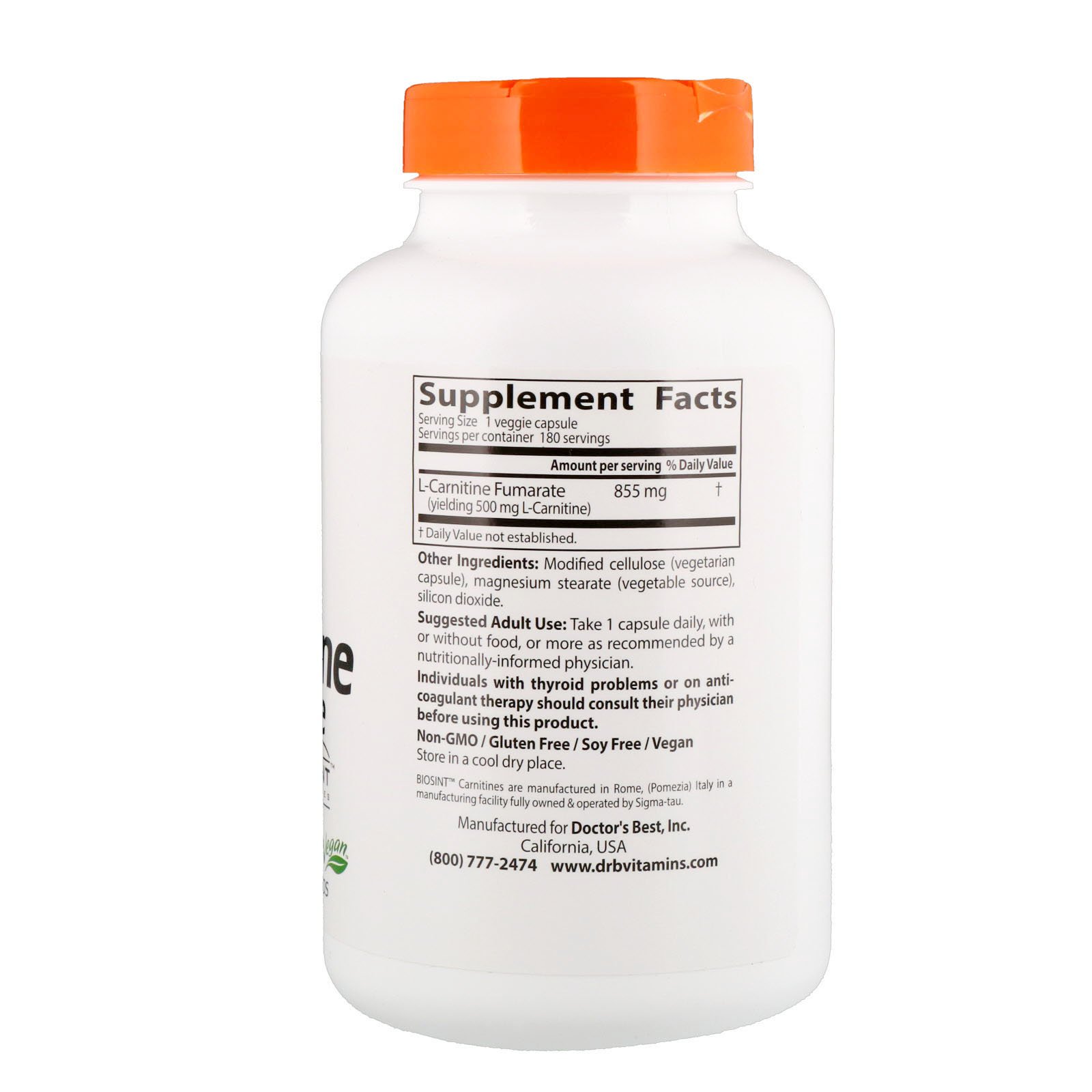 Doctor's Best, Fumarato L-Carnitina com Carnitinas Biosint, 855 mg, 180 Cápsulas Vegetais - Imagem 2