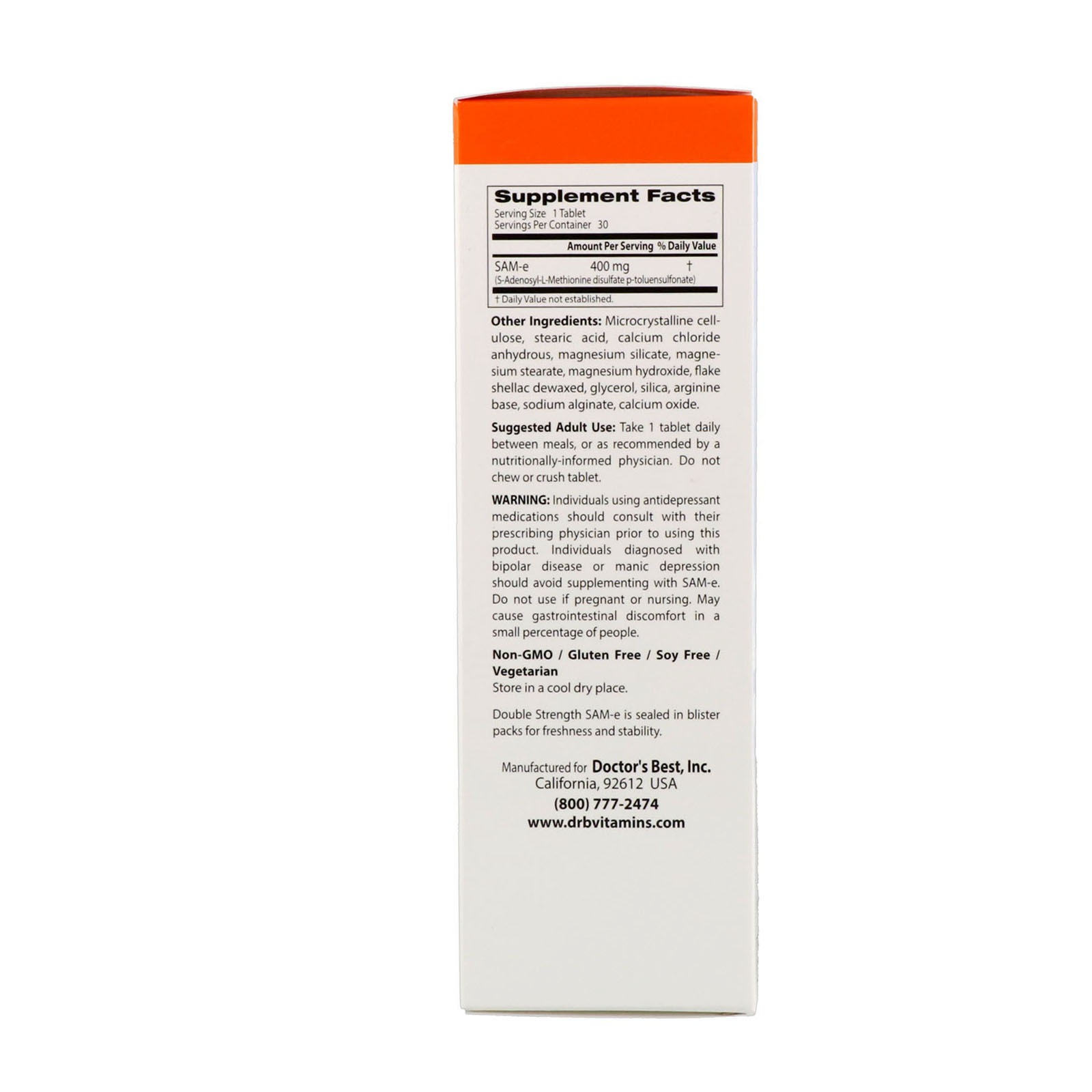 Doctor's Best, SAM-e, Potência em Dobro, 400 mg, 30 Comprimidos Revestidos Entericamente - Imagem 2