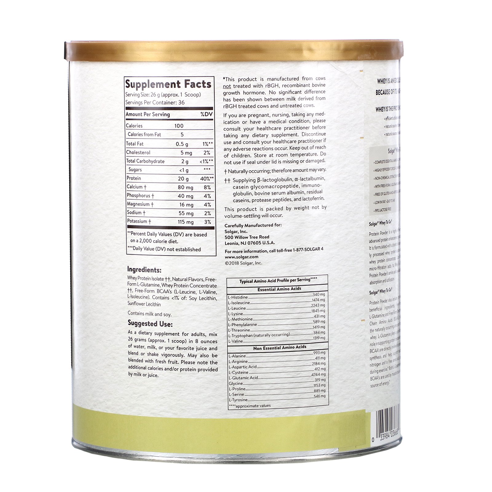 Solgar, Whey To Go, Whey Protein Powder, Baunilha, 936 g (33 oz) - Imagem 2