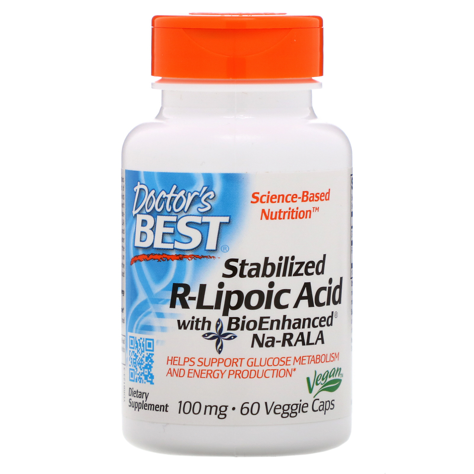 Doctor's Best, Ácido R-Lipoico Estabilizado com Na-RALA Bioenriquecido, 100 mg, 60 Cápsulas Vegetais