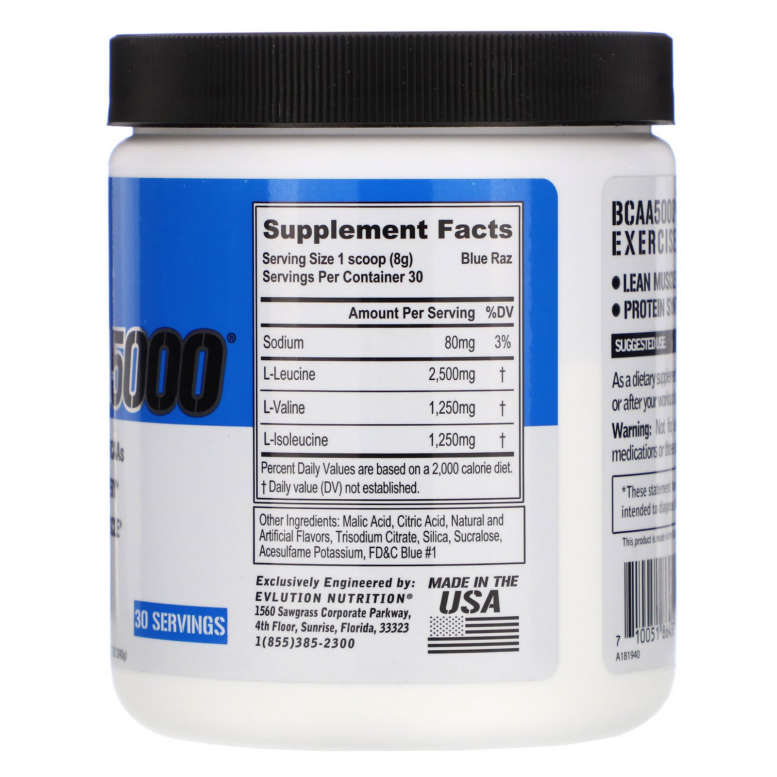 EVLution Nutrition, BCAA 5000, Blue Raz, 8.47 oz (240 g) - Imagem 2
