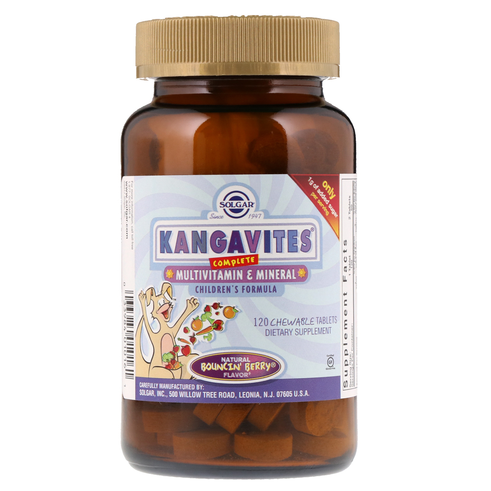 Solgar, Kangavites, Fórmula Infantil Completa de Multivitamínicos e Minerais, sabor Bouncin'Berry, 120 comprimidos mastigáveis