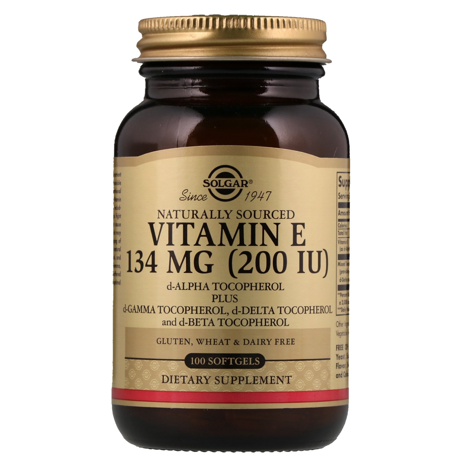 Solgar, Vitamina E de Origem Natural, 134 mg (200 UI), 100 Cápsulas Softgel