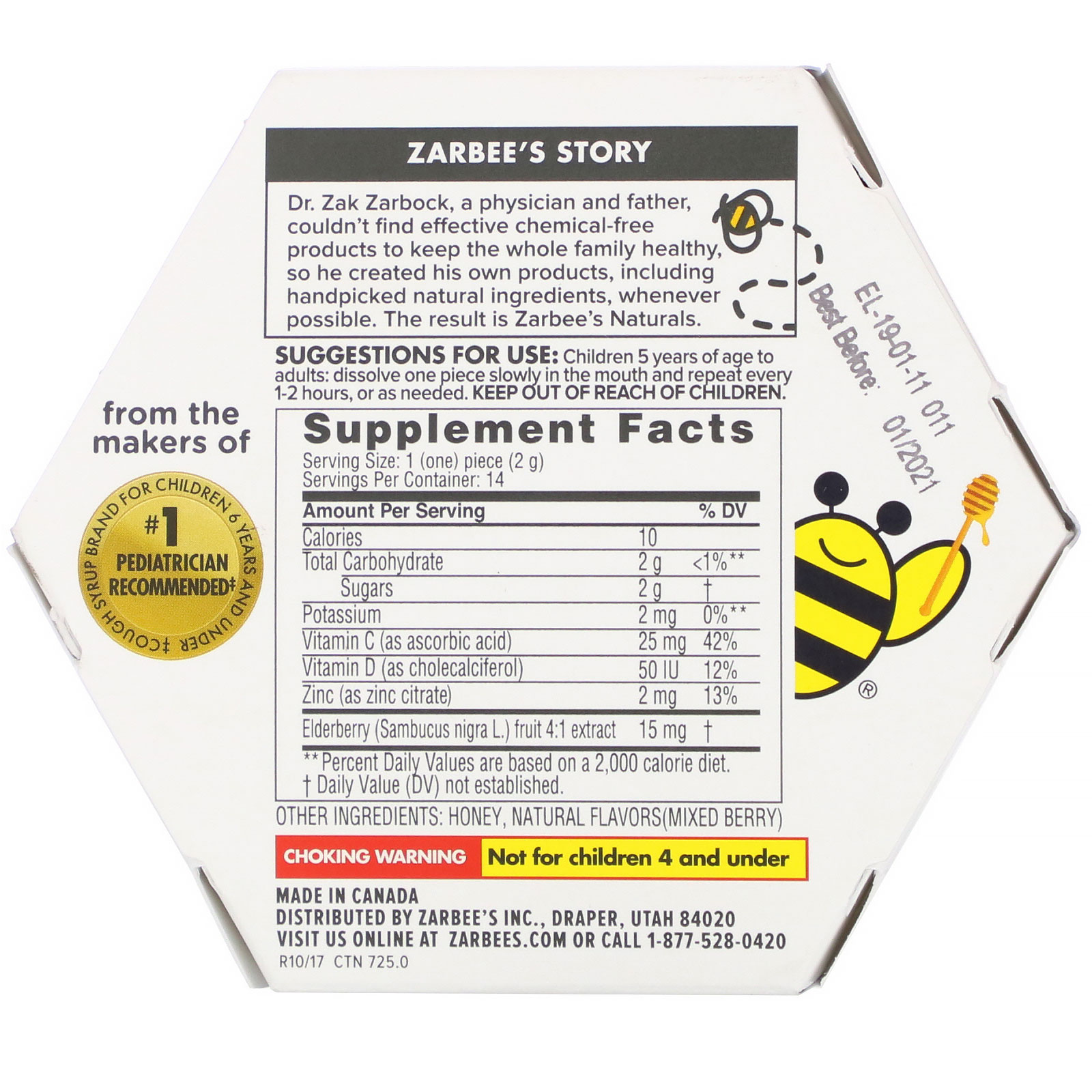 Zarbee's, 96% Honey Cough Soothers + Immune Support, Natural Mixed Berry Flavor, Ages 5+, 14 Pieces - Imagem 3