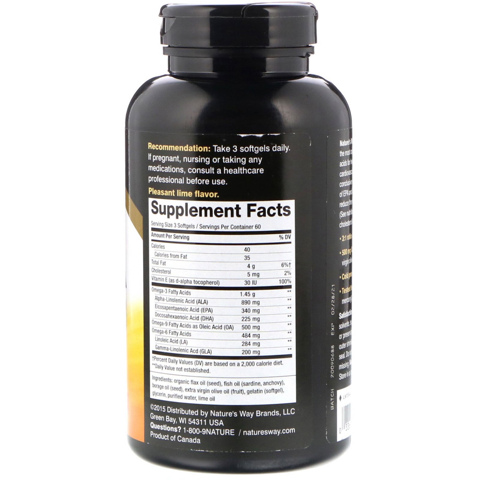 Nature's Way, Fully Balanced Mega 3/6/9, Omega Blend, Lime Flavor, 180 Softgels - Imagem 2
