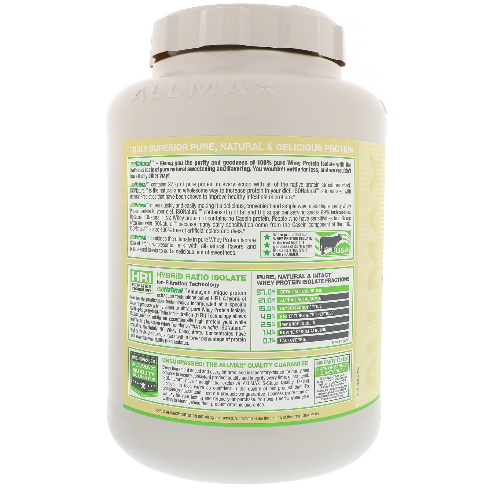 ALLMAX Nutrition, IsoNatural, Isolado de Proteína Whey Natural 100% Ultrapuro (WPI90), Baunilha, 2,27 kg - Imagem 3