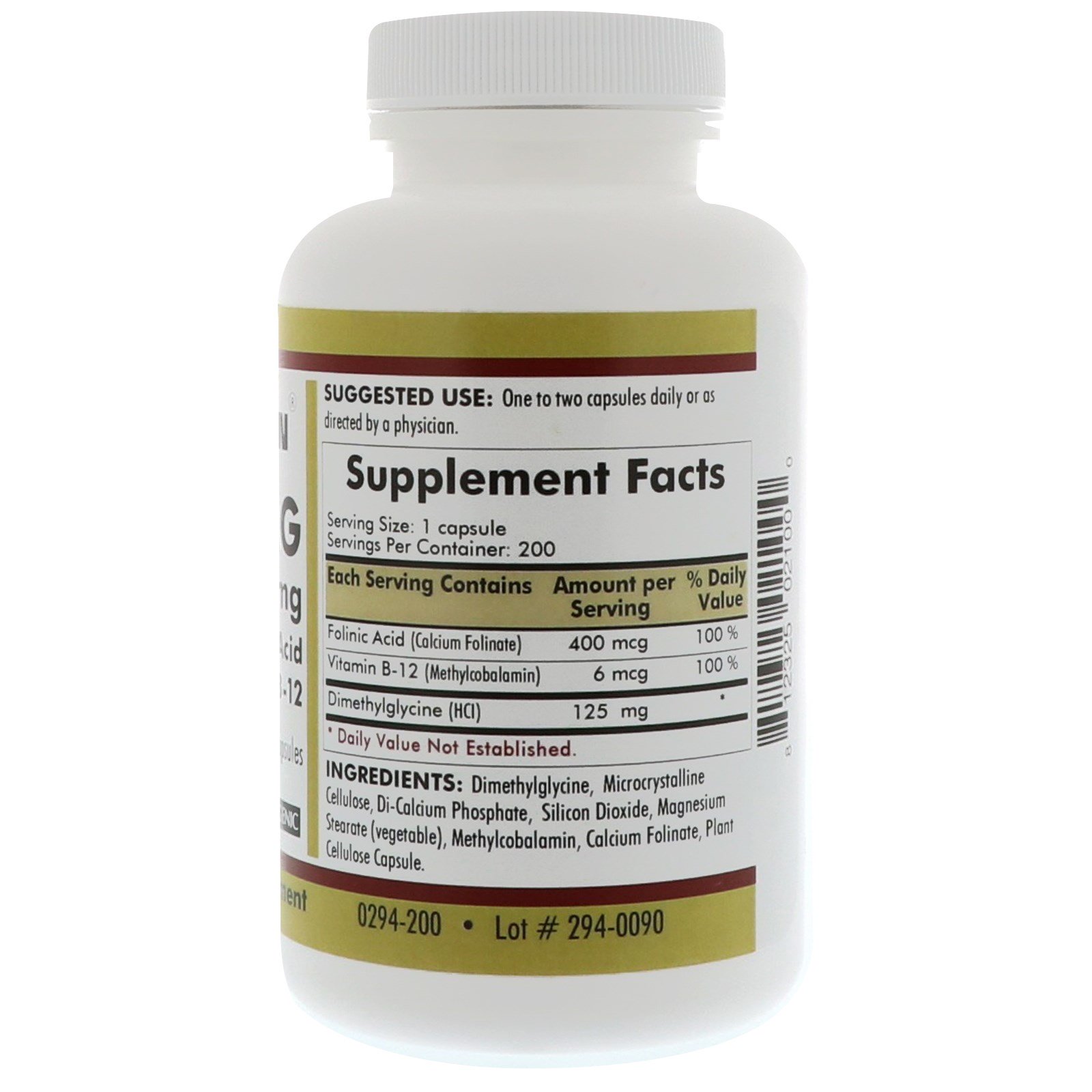Kirkman Labs, DMG with Folinic Acid & Methyl B-12, 125 mg, 200 Capsules - Imagem 2