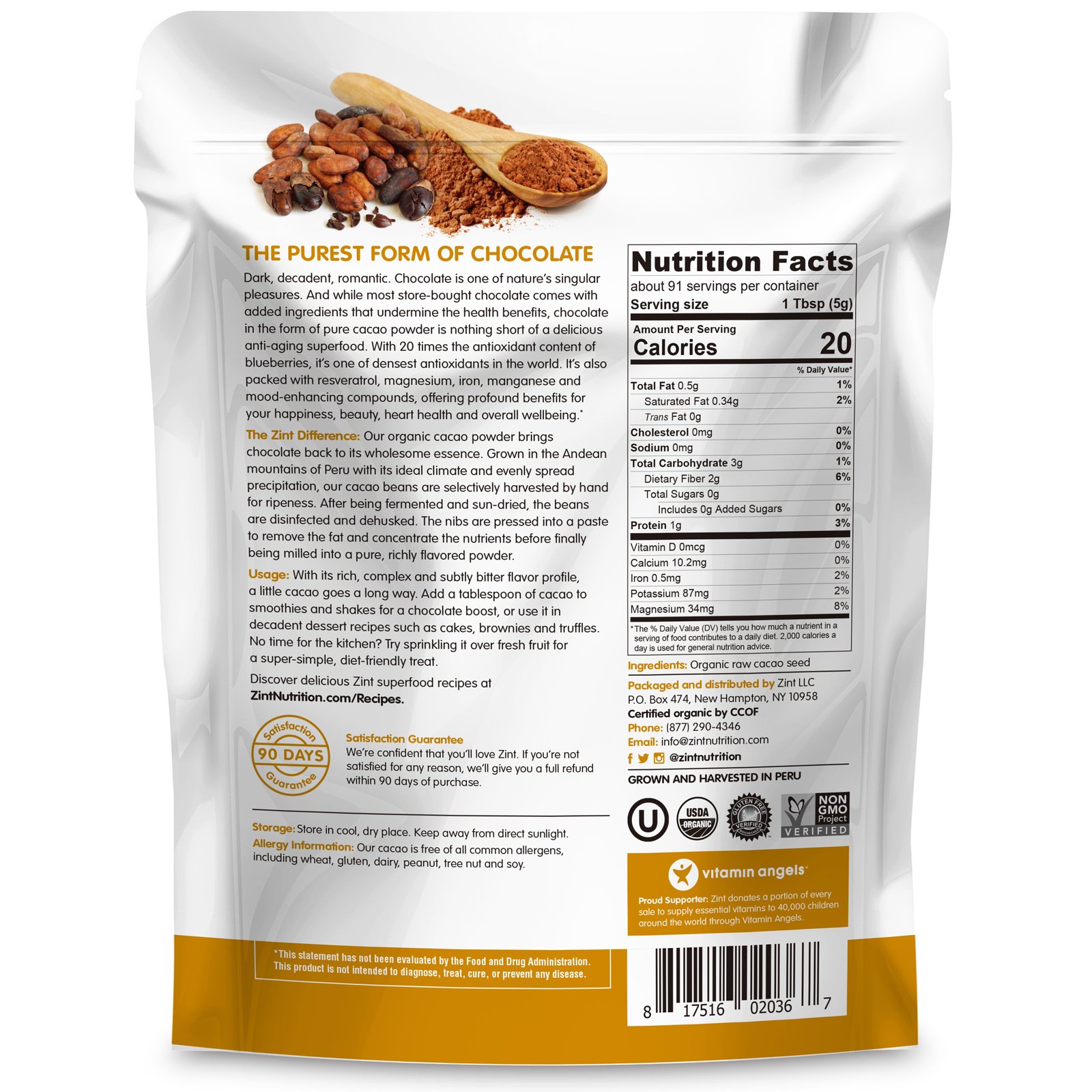 Zint, Raw Organic Cacao Powder, 16 oz (454 g) - Imagem 2